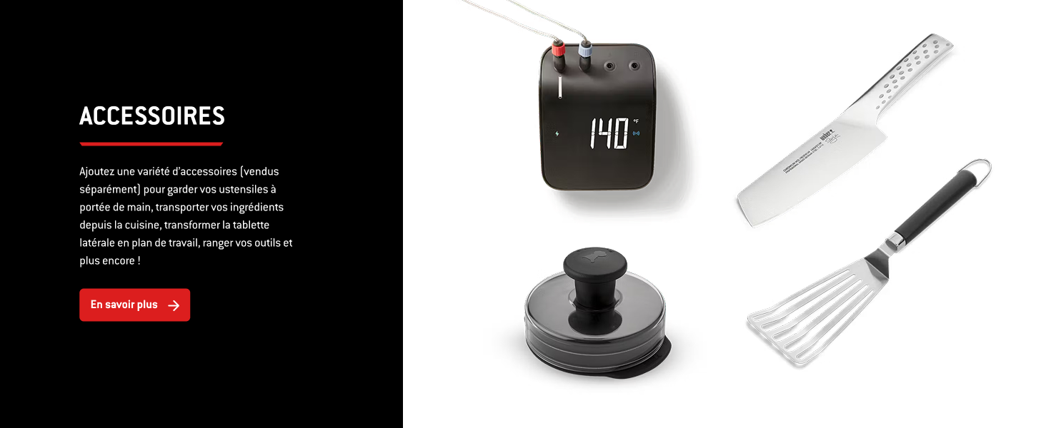 Le texte indique « ACCESSOIRES ». Présentoir du produit montrant divers accessoires noirs, y compris ce qui semble être des composants électroniques et du matériel de montage sur fond sombre.