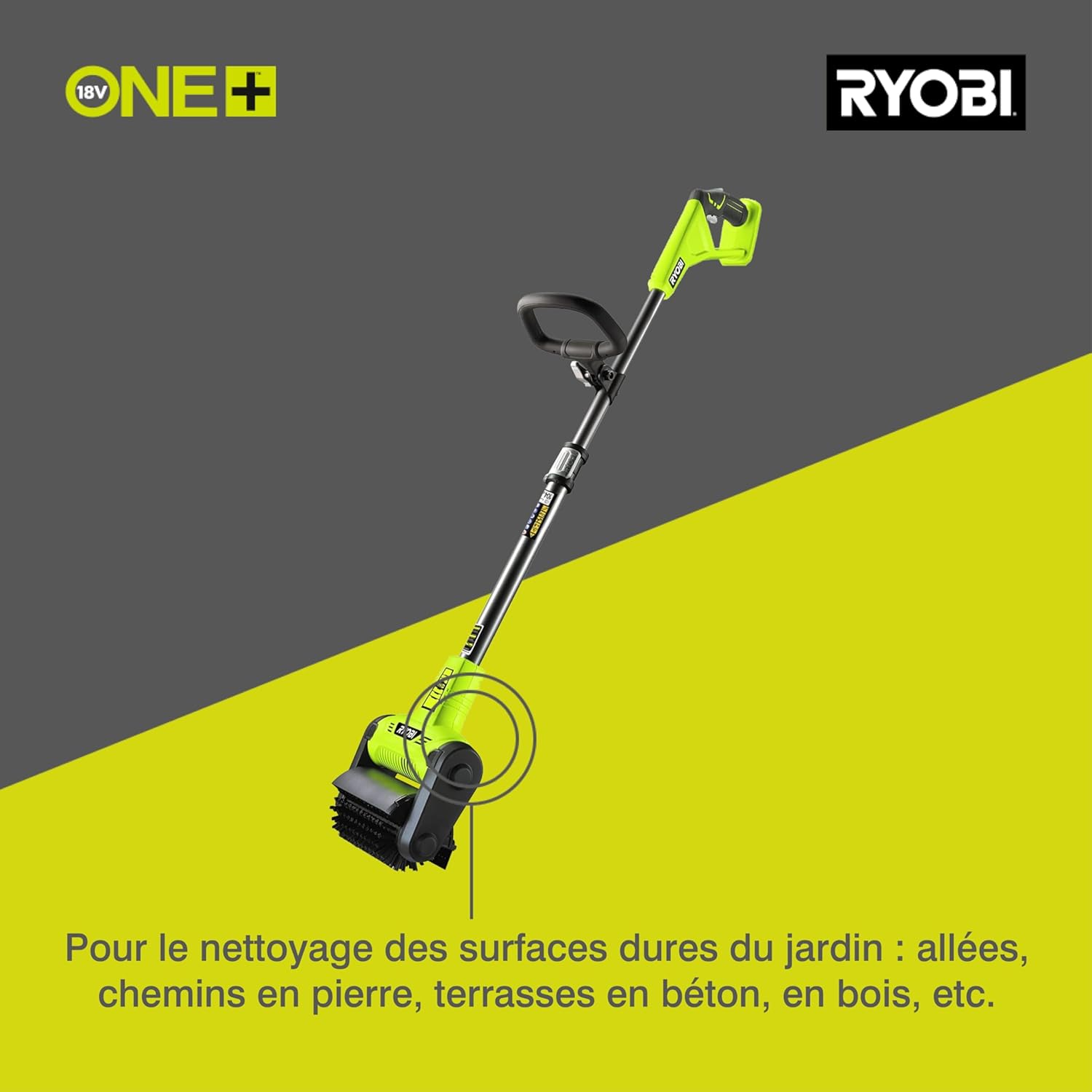 RYOBI - Nettoyeur sol One+ 18V - 16,2 cm - Brosse nylon, poignée ergonomique - RY18PCB-0