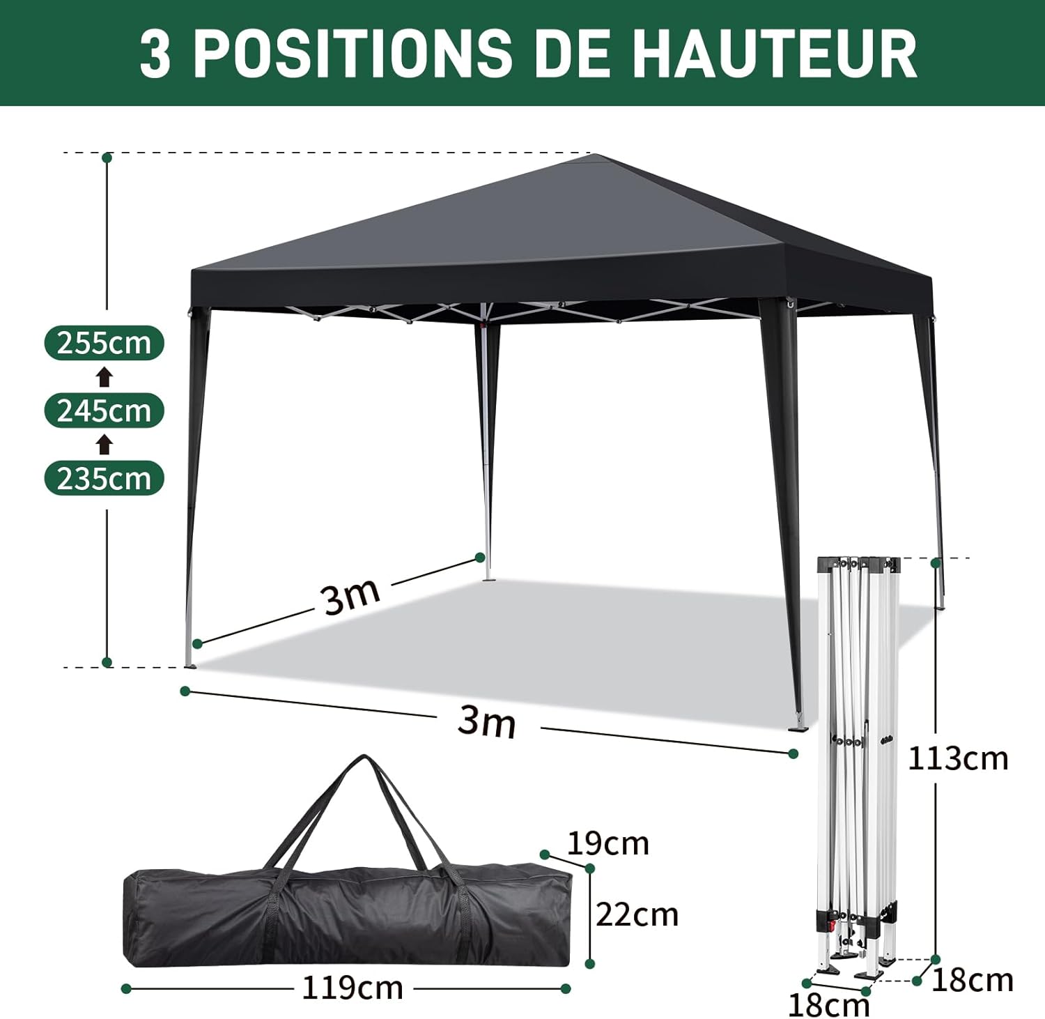 Leadzm - Tonnelle pliante 3x3m, hauteur réglable, UV50+, 4 côtés
