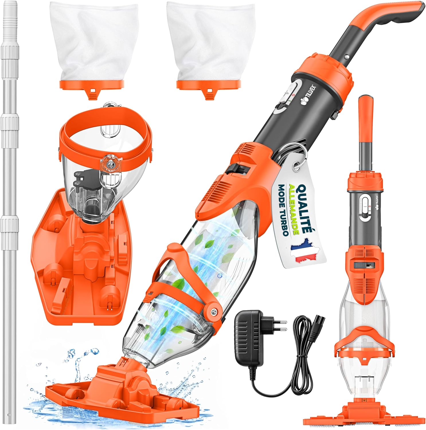 tillvex - Aspirateur piscine électrique, manche téléscopique, 60 min autonomie, filtre intégré