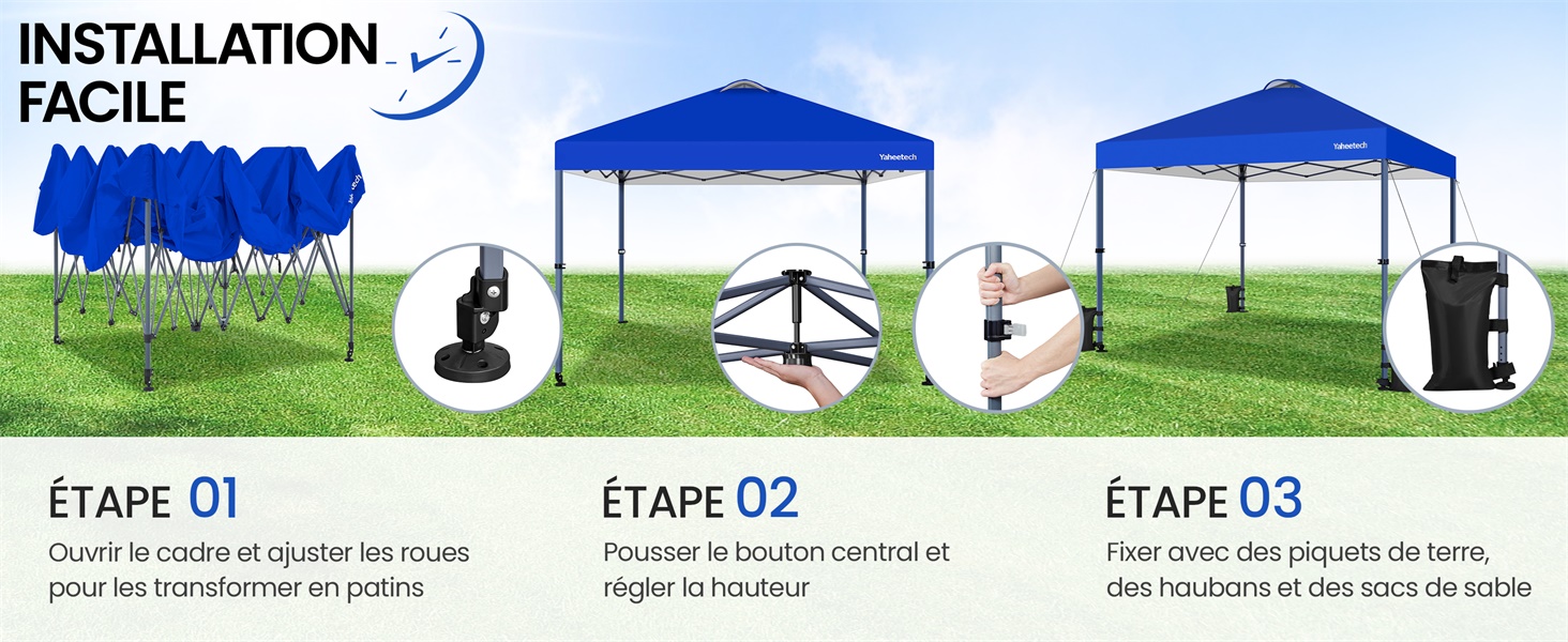 Guide d'installation en trois étapes pour les tentes à auvent escamotables bleues. Montre les cadres de tente en expansion, la fixation de la canopée et le processus d'ancrage des piquets avec des icônes illustratives et du texte en français