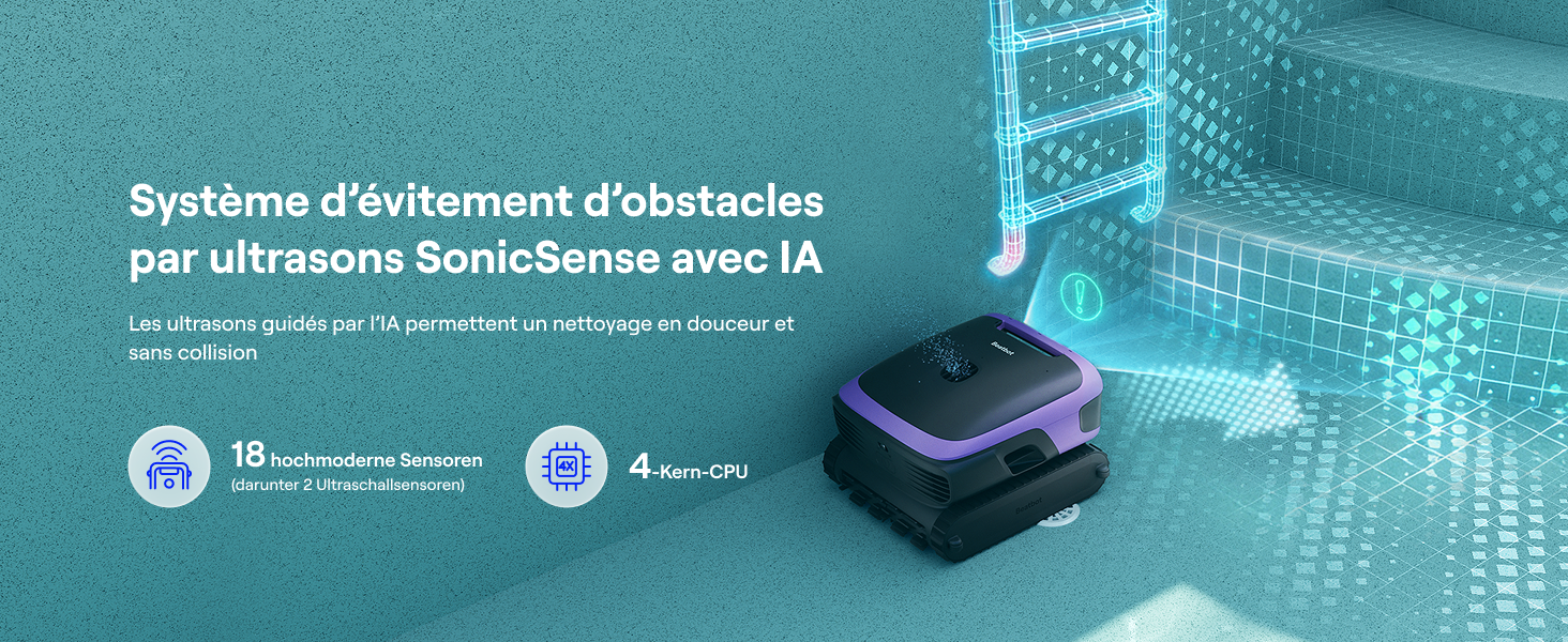 Le texte se lit comme suit : « Systèmes d'évitement d'obstacles par ultrason Sonicience avec IA ». Scène sous-marine avec un appareil à ultrasons bleu montré dans l'environnement aquatique de la piscine.