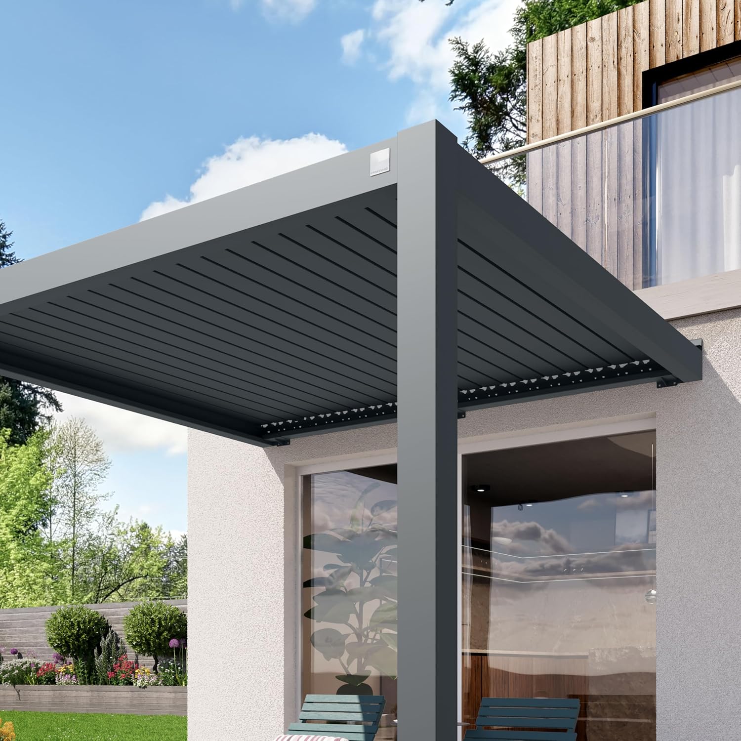 PRIMEYARD - pergola adossée, 3x3 m, aluminium, lames orientables, anthracite