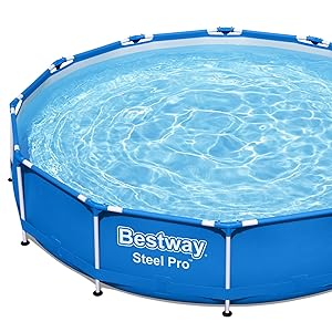 remplie d'eau bleue claire. Forme circulaire avec cadre extérieur bleu et rail supérieur blanc, sur fond blanc.