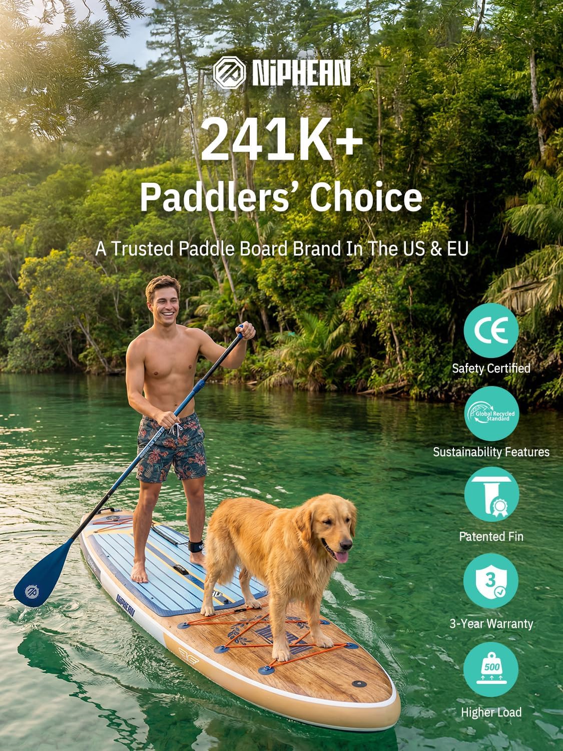 Niphean - Paddle gonflable XL - 2+1 personnes - housse étanche, aileron stable