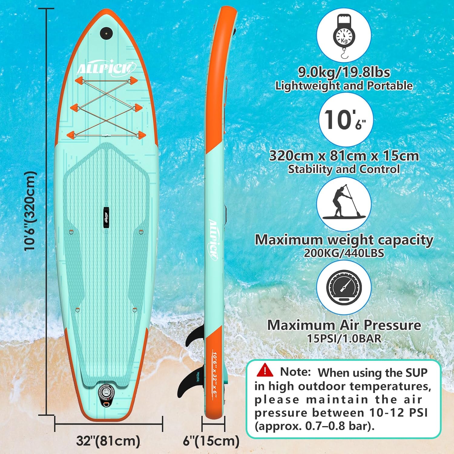 ALLPICK Paddle Gonflable, Kit de Padelsurf de Stand Up Paddle Sup Gonflable de 320 cm, avec Support Universel pour Caméra, Pagaie réglable, Débutants et confirmés, 200 kg