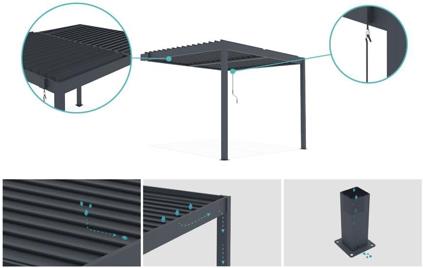 Cazeboo - Pergola Piana - 297x195 cm - Aluminium gris, 19 lames acier, résistance vent 60 km/h