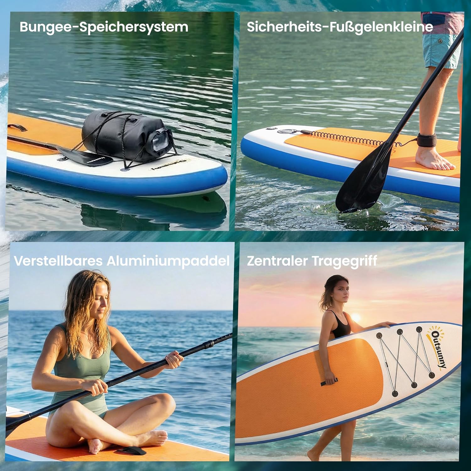 Outsunny Planche de stand up paddle gonflable de 305 cm avec pagaie réglable en aluminium, aileron amovible, dragonne antidérapante, accessoires pour sac à dos, 150 kg, pour adultes