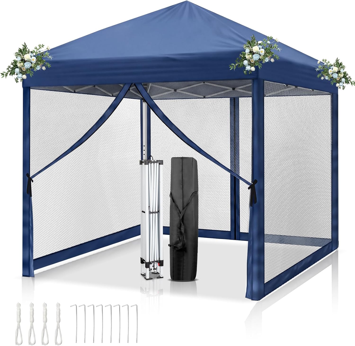 LEADZM - tonnelle pliable série, 3x3m, imperméable, anti-UV, hauteur ajustable, 4 moustiquaires, structure stable, bleu