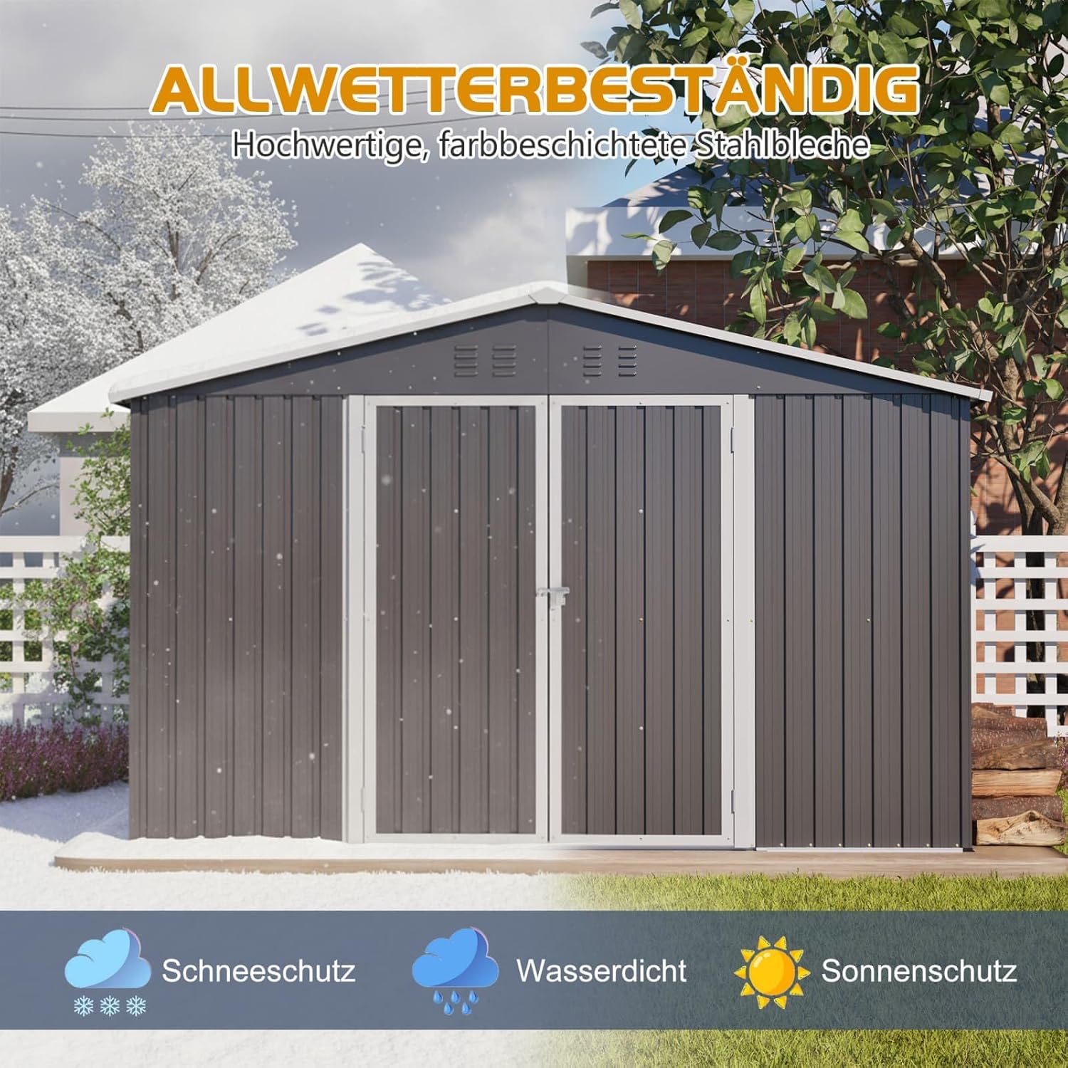 KOMHTOM 10x8 FT Abri de Jardin Métal avec Fondations en métal, Cabane de Jardin Extérieur avec Serrure, Rangement Outils de Jardi (Gris-10x8 FT)