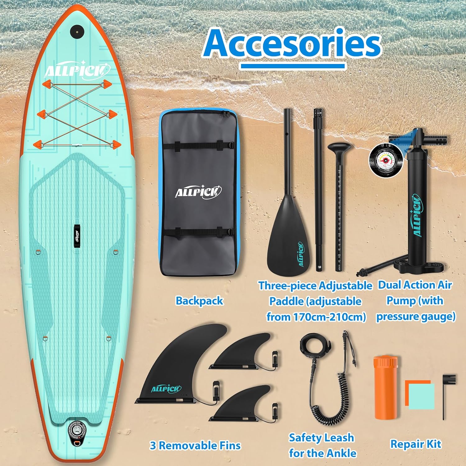 ALLPICK Paddle Gonflable, Kit de Padelsurf de Stand Up Paddle Sup Gonflable de 320 cm, avec Support Universel pour Caméra, Pagaie réglable, Débutants et confirmés, 200 kg