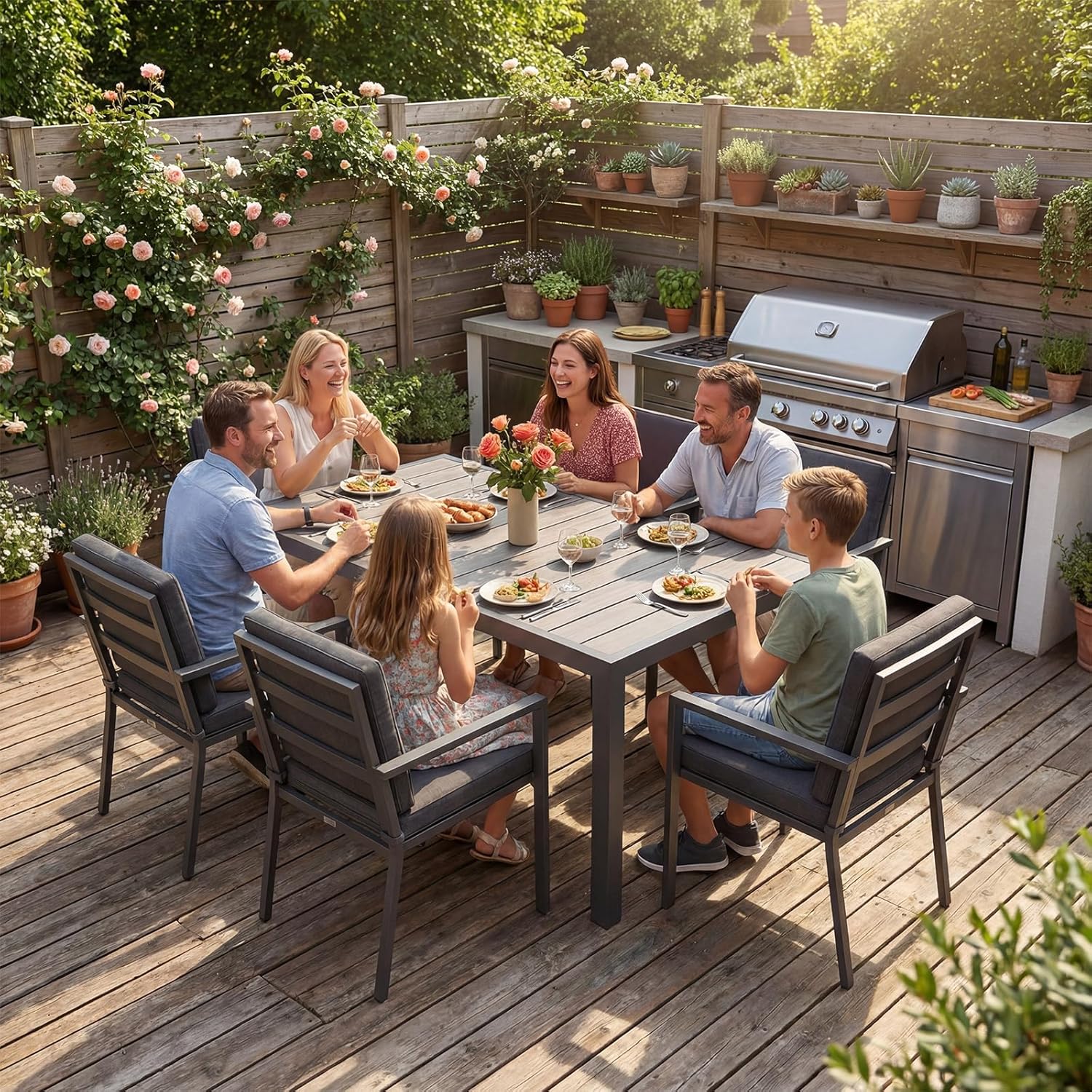 JUMMICO - Table de jardin 150x80cm - aluminium, aspect bois, antirouille