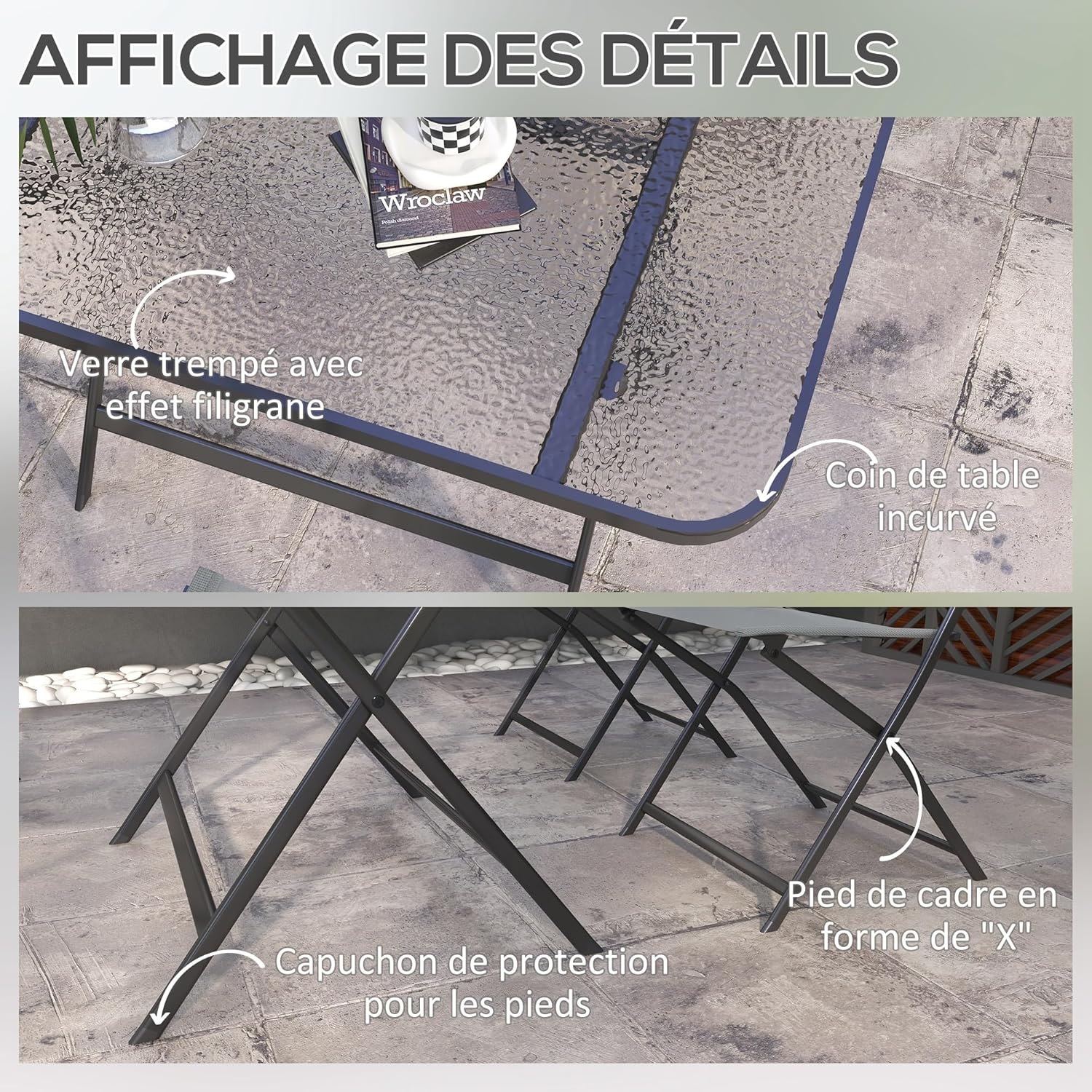 Outsunny - Ensemble de jardin 5 pcs - chaises pliables, table verre, gris