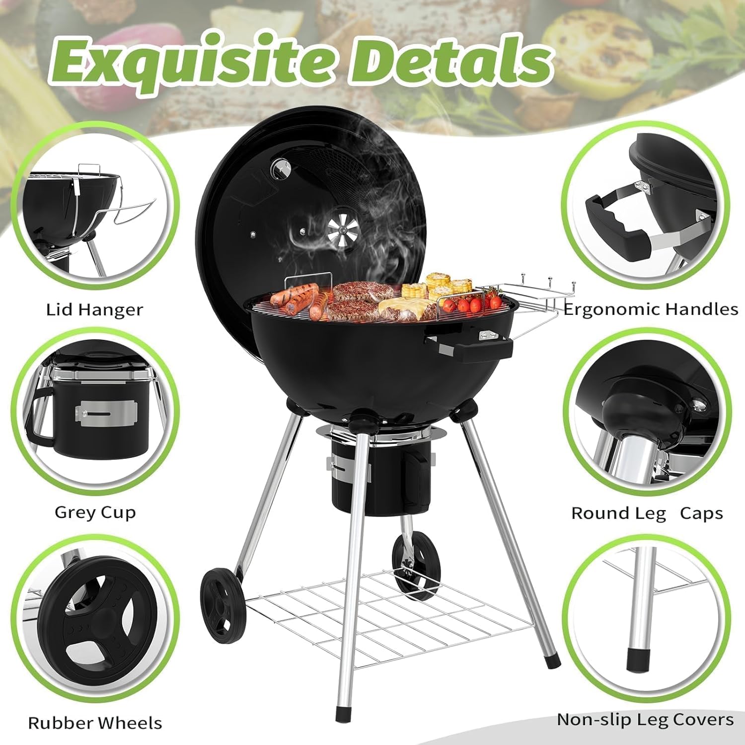 TEENO - 21 inch Barbecue boule, 83x71x105,5cm, tiroir à cendres, couvercle