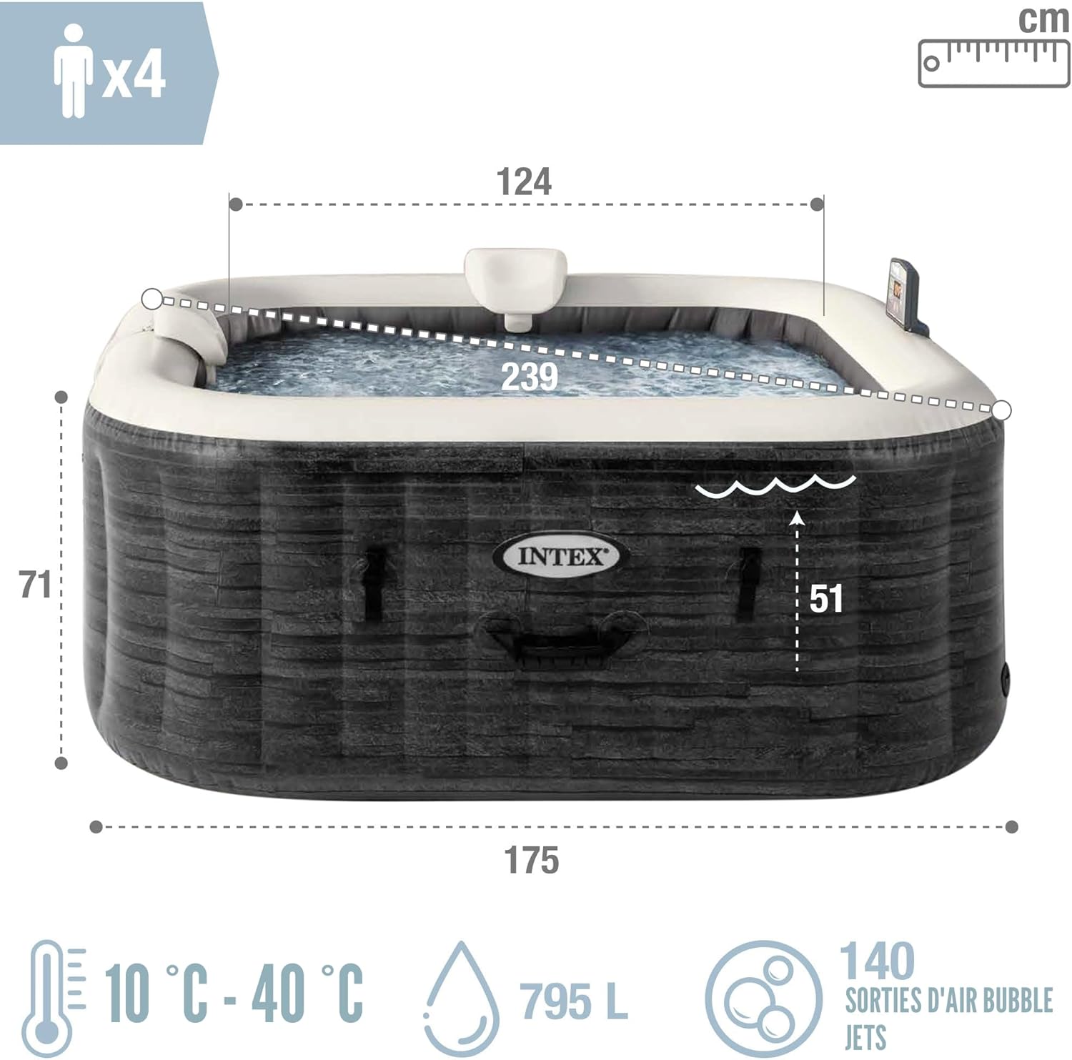 Intex - Greystone Deluxe - 175x175x71 cm - Spa 4 places, chauffage 2200W, bulles, chlorateur, filtre S2, 55093