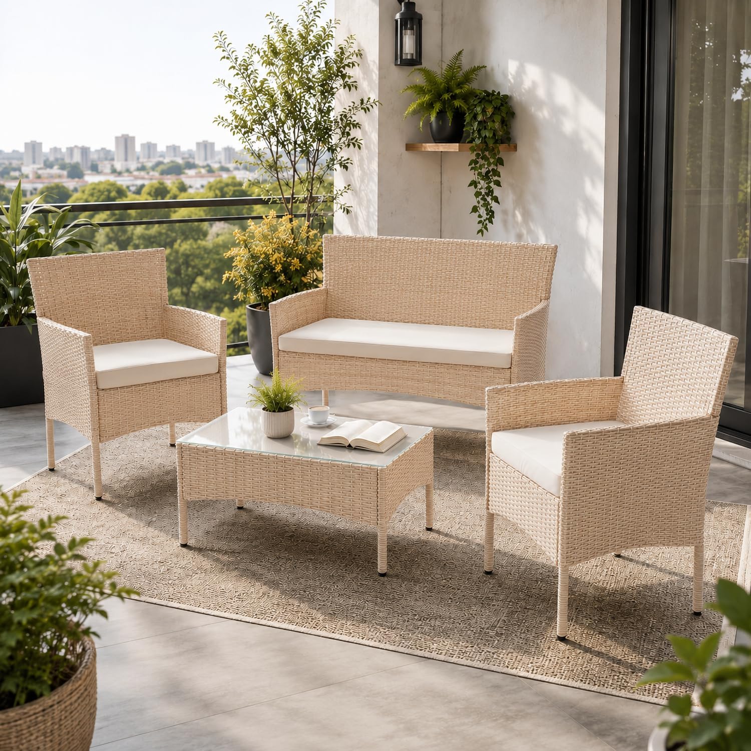 Juskys - Fort Myers - ensemble 4 places en résine tressée, canapé 2 places, fauteuils, table, coussins, mobilier extérie