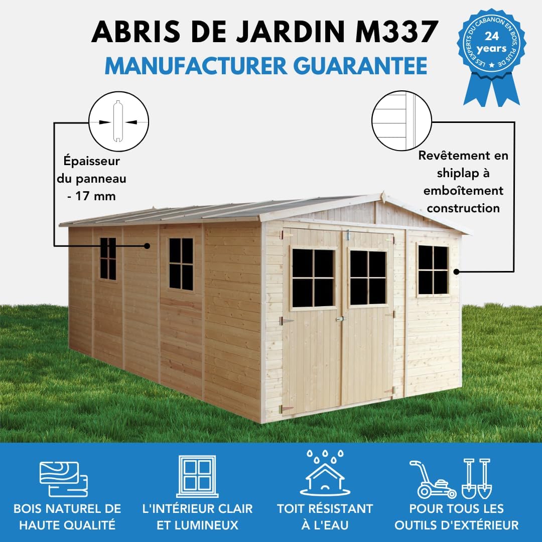 ABRI de Jardin en Bois Exterieur avec Les PLANCHERS IMPRÉGNÉ - Chalet en Pin/épicéa- H226x324x516 cm/15 m²- Construction de Panneaux- Rangement pour vélos, Remise à Outils- TIMBELA M337+M337G