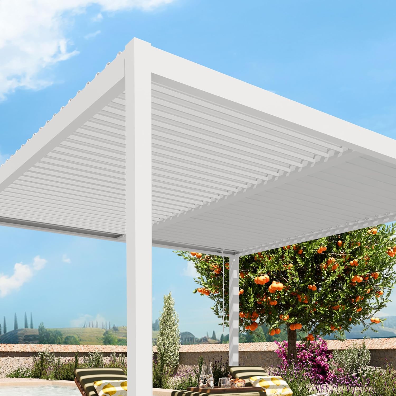 PRIMEYARD - Pergola série pavillon - 4x4 m - aluminium blanc, lames acier orientables