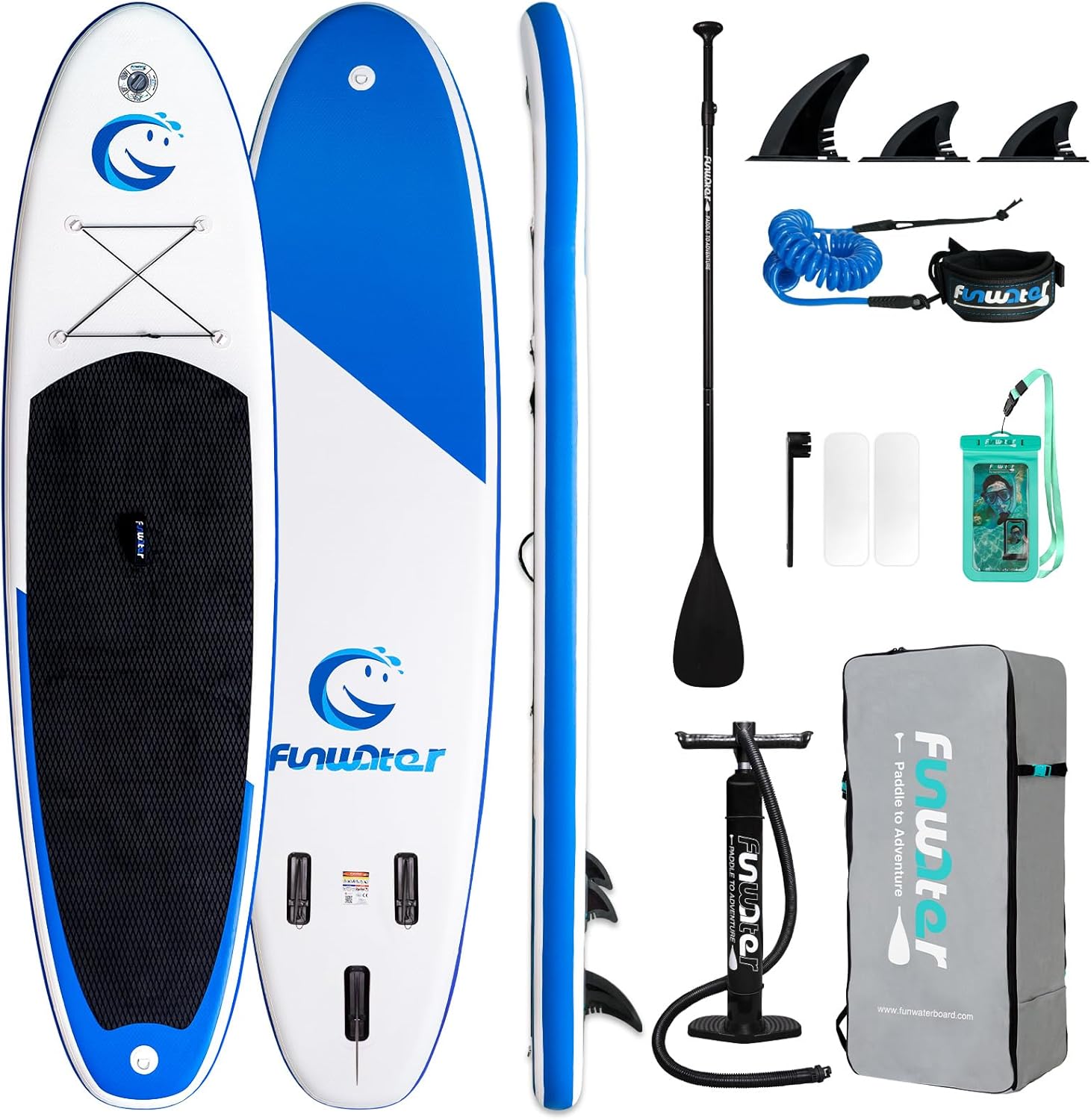 FunWater Planche Sup Gonflable Tous Niveaux Idéale Débutants et Famille Plateforme Anti Dérapante EVA Pack Complet avec Pagaie Réglable Pompe et Accessoires