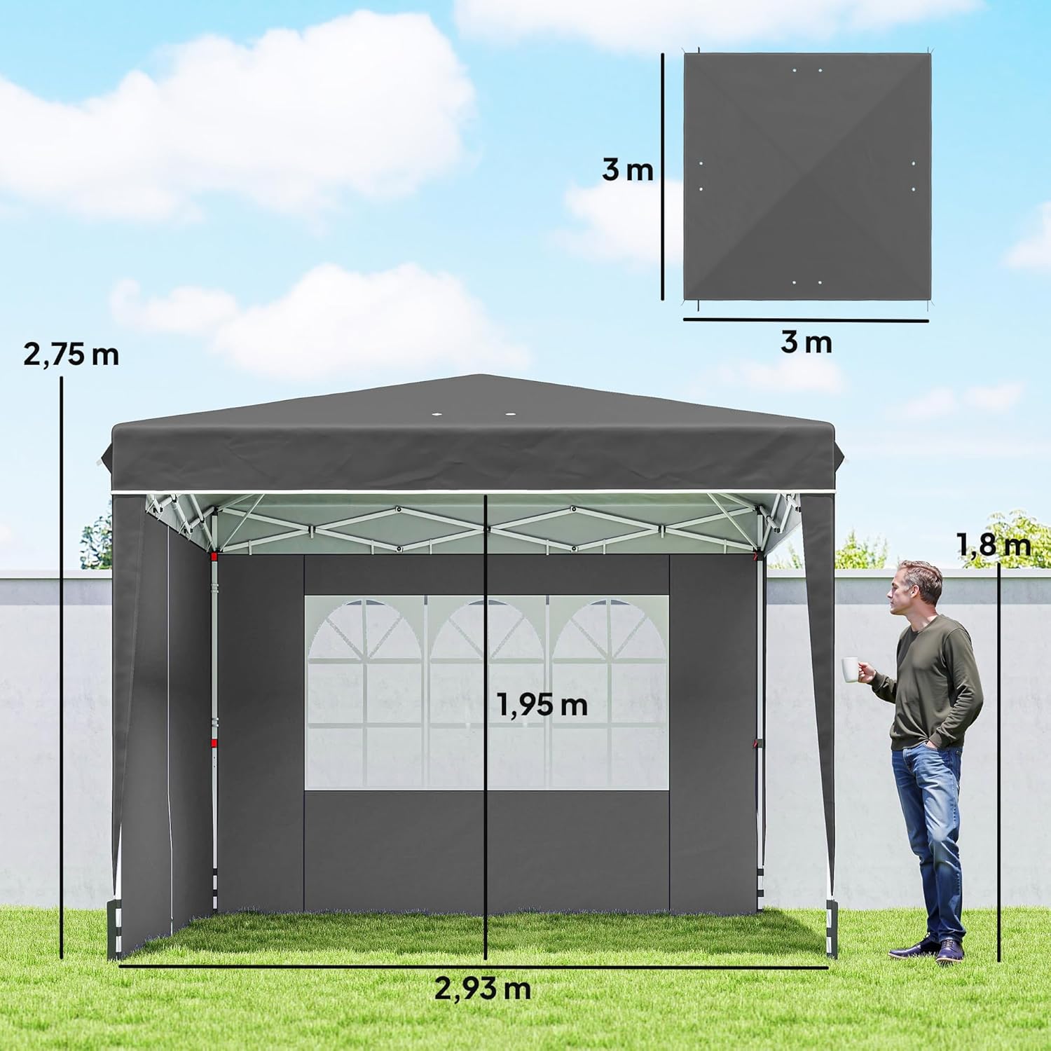 Outsunny - tonnelle pliante série jardin - 3x3m - parois latérales, UV 50+, hauteur réglable, fenêtre et porte