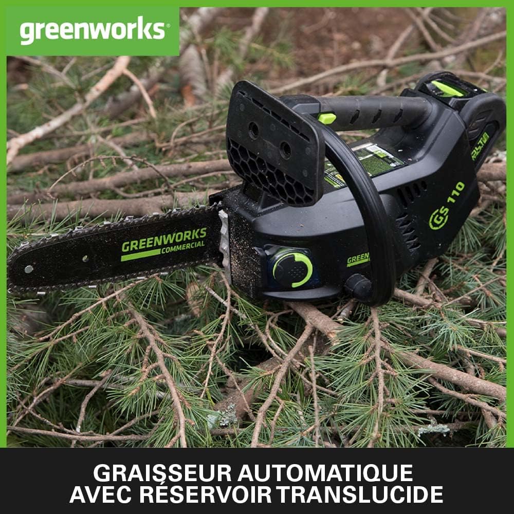 Greenworks GD40TCSK2 Tronçonneuse à Batterie Top Poignée Moteur Sans Balais, Longueur Guide-Chaîne 25 cm, Vitesse de Chaîne 12m/s, 2,4kg, Graisseur Automatique, Anti-rebond, Batterie 40V 2Ah, Chargeur