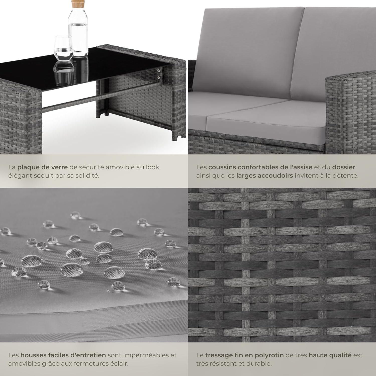 tectake - Salon de jardin 4 places, résine tressée, canapé, 2 fauteuils, table verre, coussins inclus, Gris/Gris Clair
