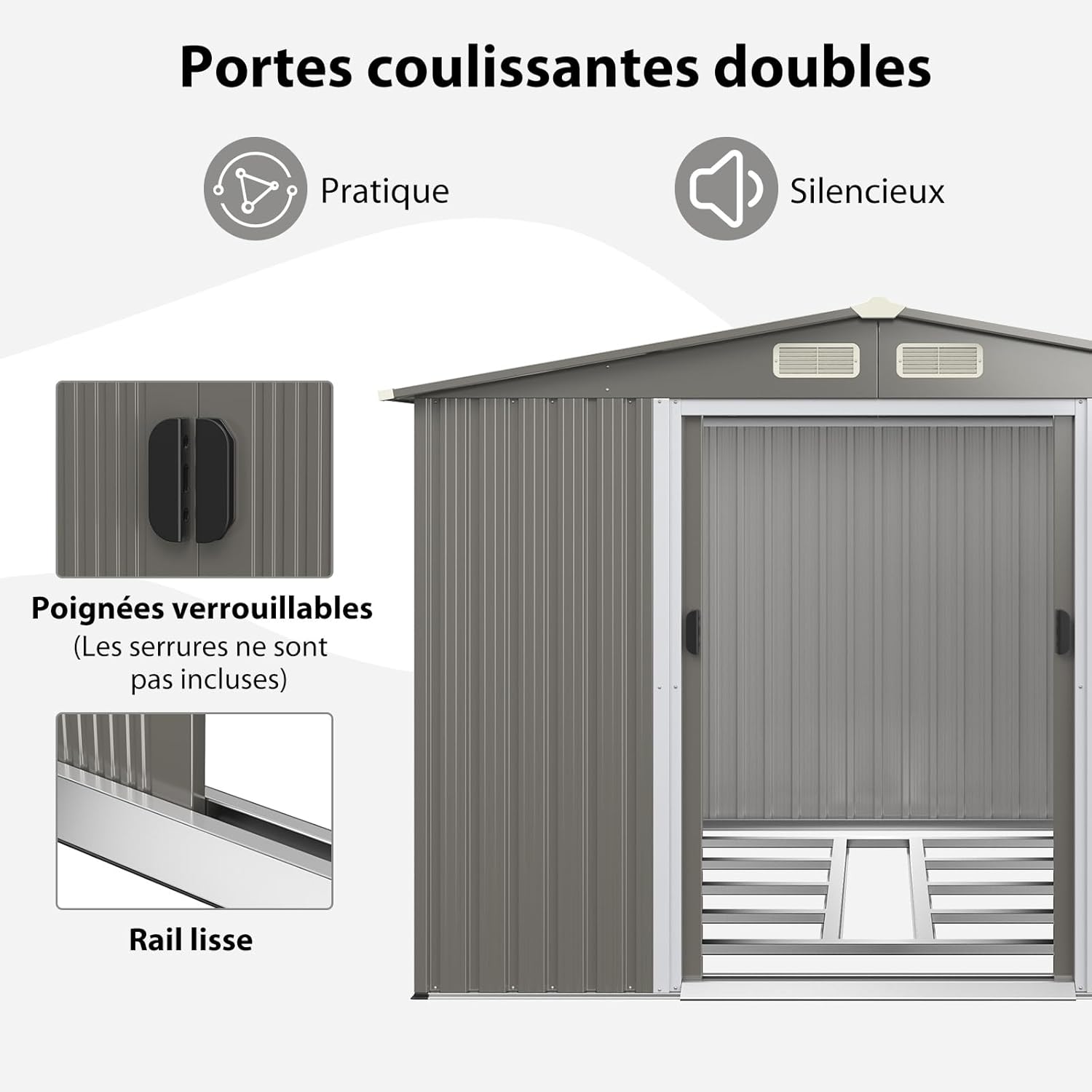 COSTWAY Abri de Jardin 4.7㎡en Acier Galvanisé Anti-UV, 260 x 207 x 181 CM, Cabane de Jardin Exterieur 9.7 m³ avec Fondation et Porte Coulissante, Rampe, 4 Trous d’Aération, 4 Gants Inclus, Gris