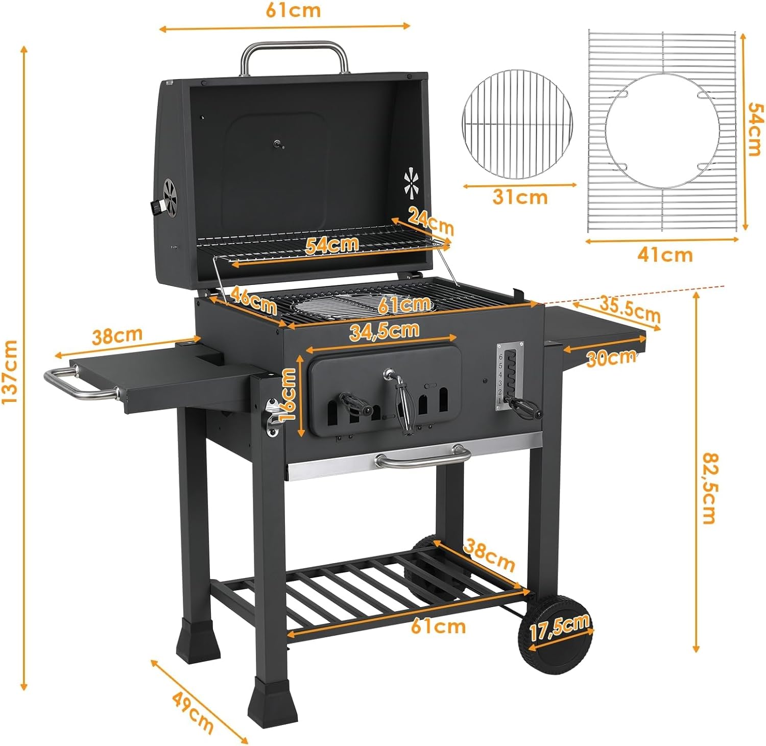 TLSUNNY - Barbecue XXL, charbon, couvercle, roues, thermomètre - TLSUNNY