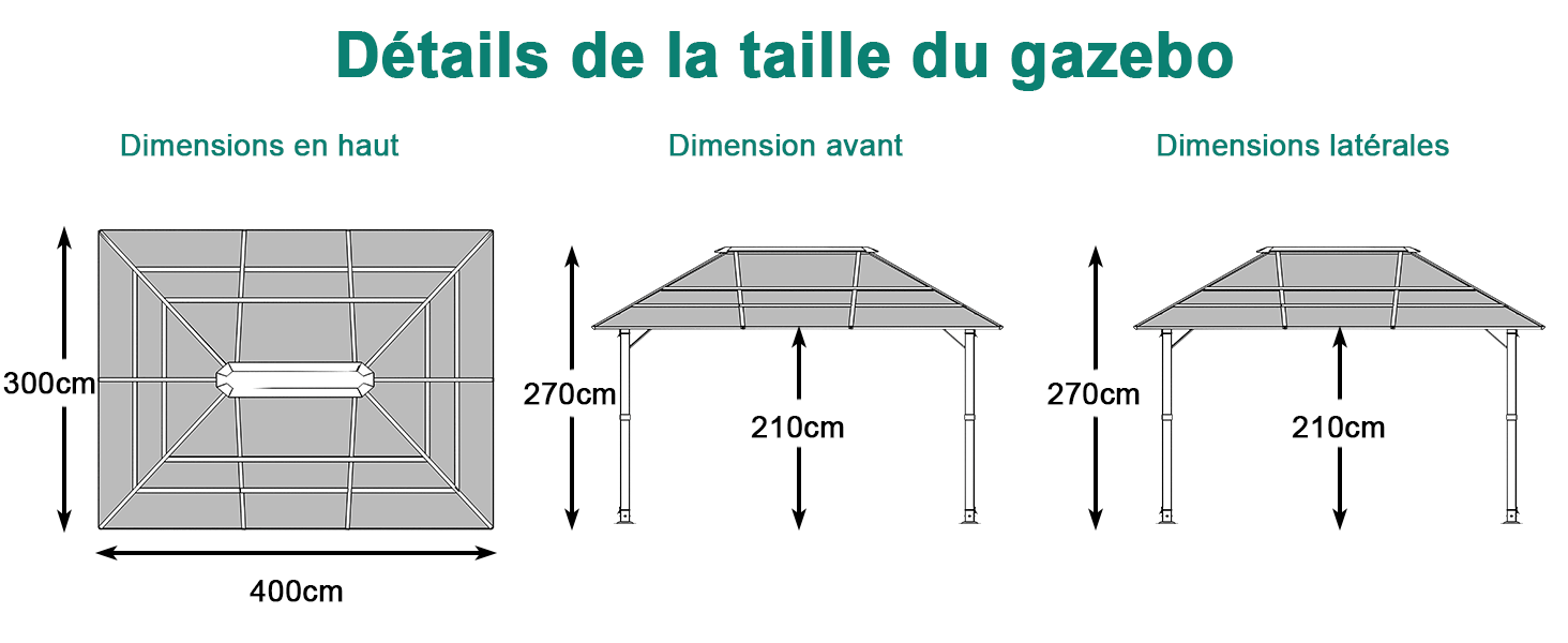 Schéma montrant les dimensions d'un belvédère. Vue de dessus : 400 cm x 300 cm. Vues de face et de côté : 270 cm de hauteur, 210 cm de largeur. Le texte en français indique « Détails de la taille du belvédère »