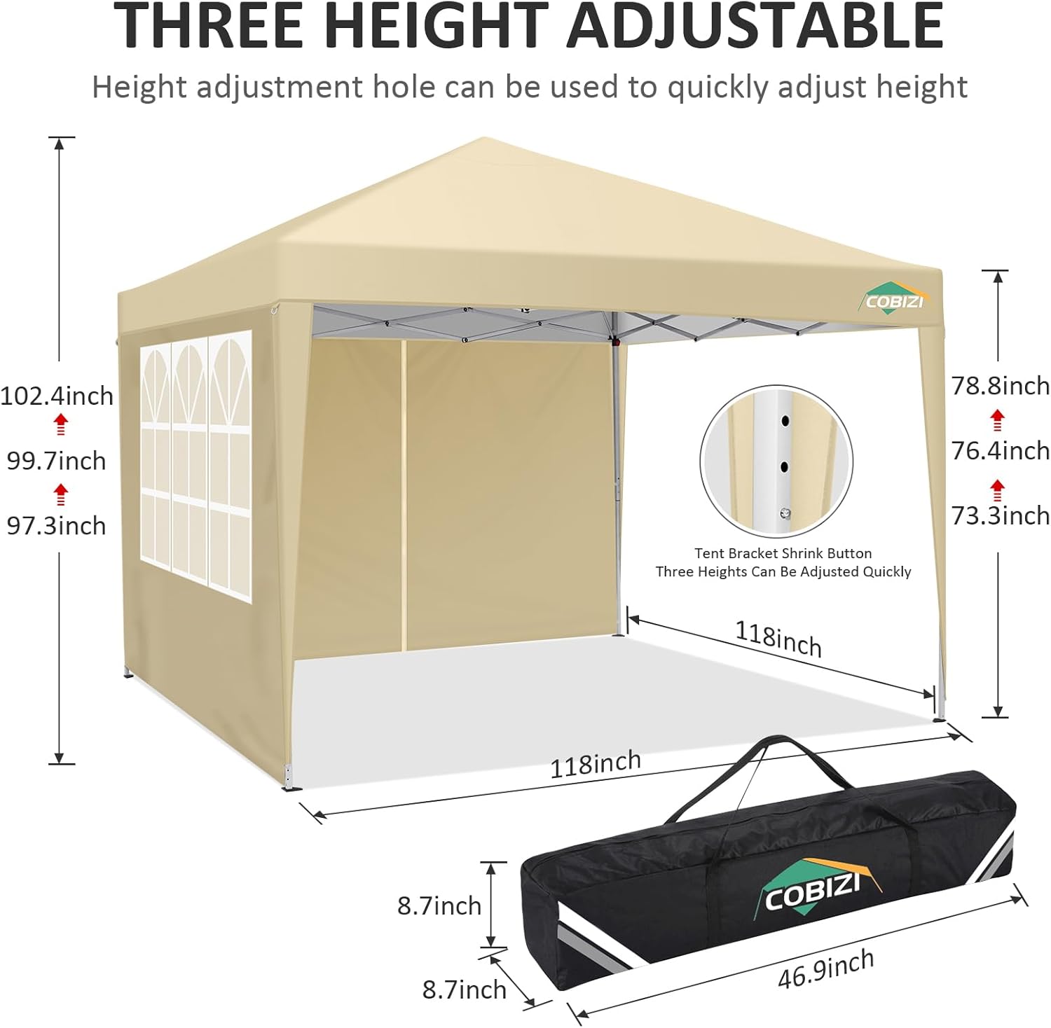 COBIZI - tonnelle de jardin 3x3m, 4 panneaux amovibles, imperméable, anti-UV