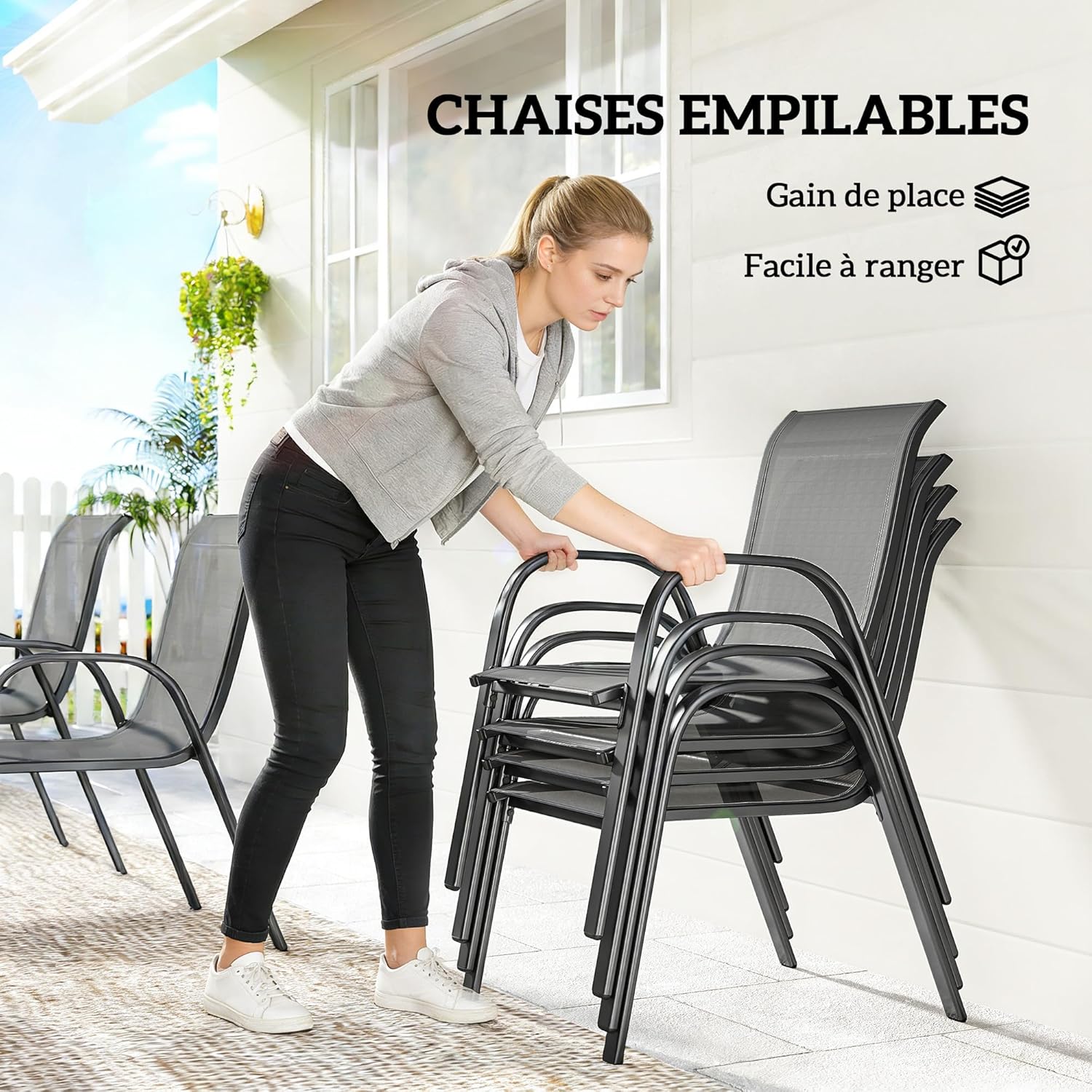 Outsunny - Salon de jardin extérieur 7 pcs - 150cm - table à lattes, acier antirouille, 6 chaises empilables, gris clair