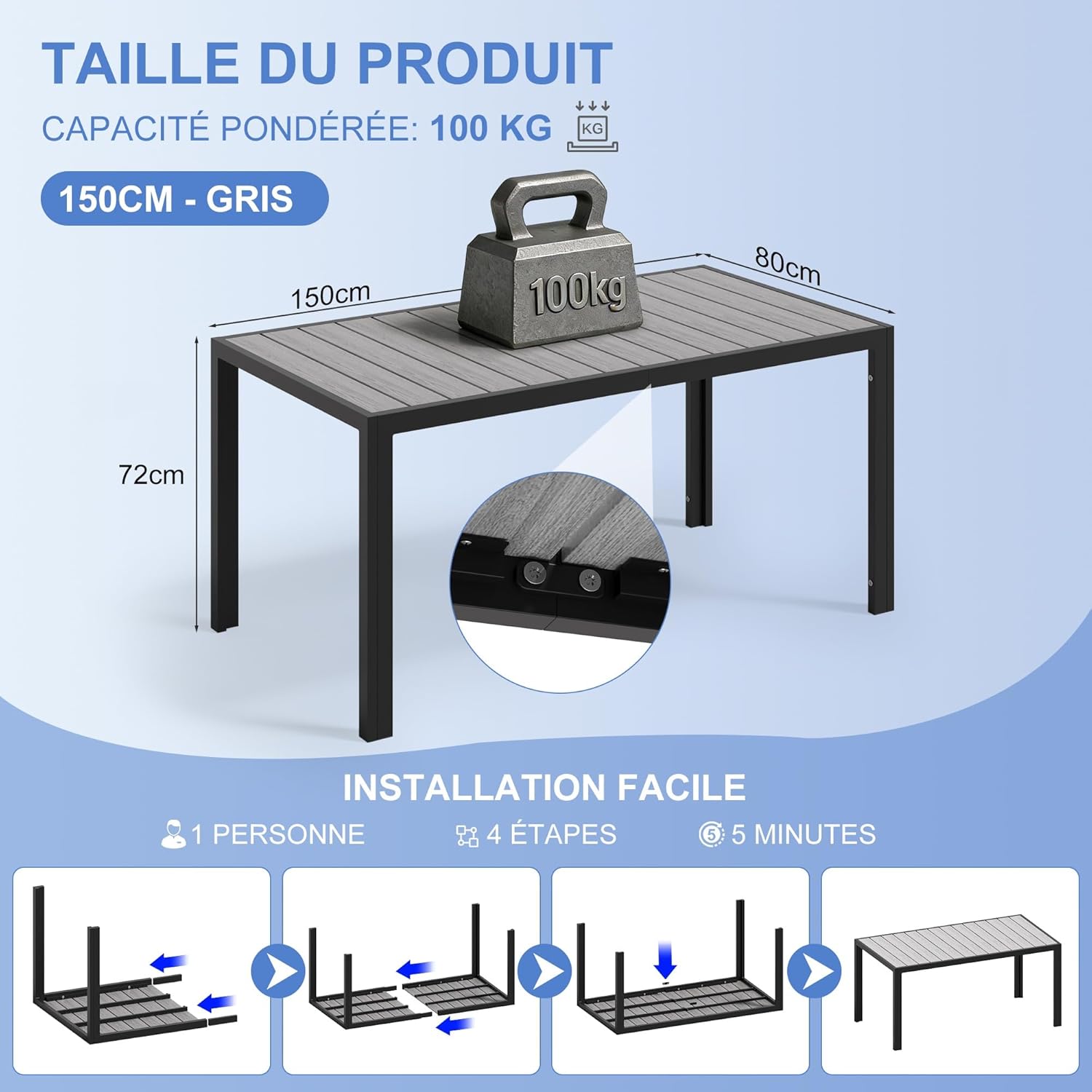 Devoko - HDPS - Table de jardin 150x80x72cm - aluminium, grain bois