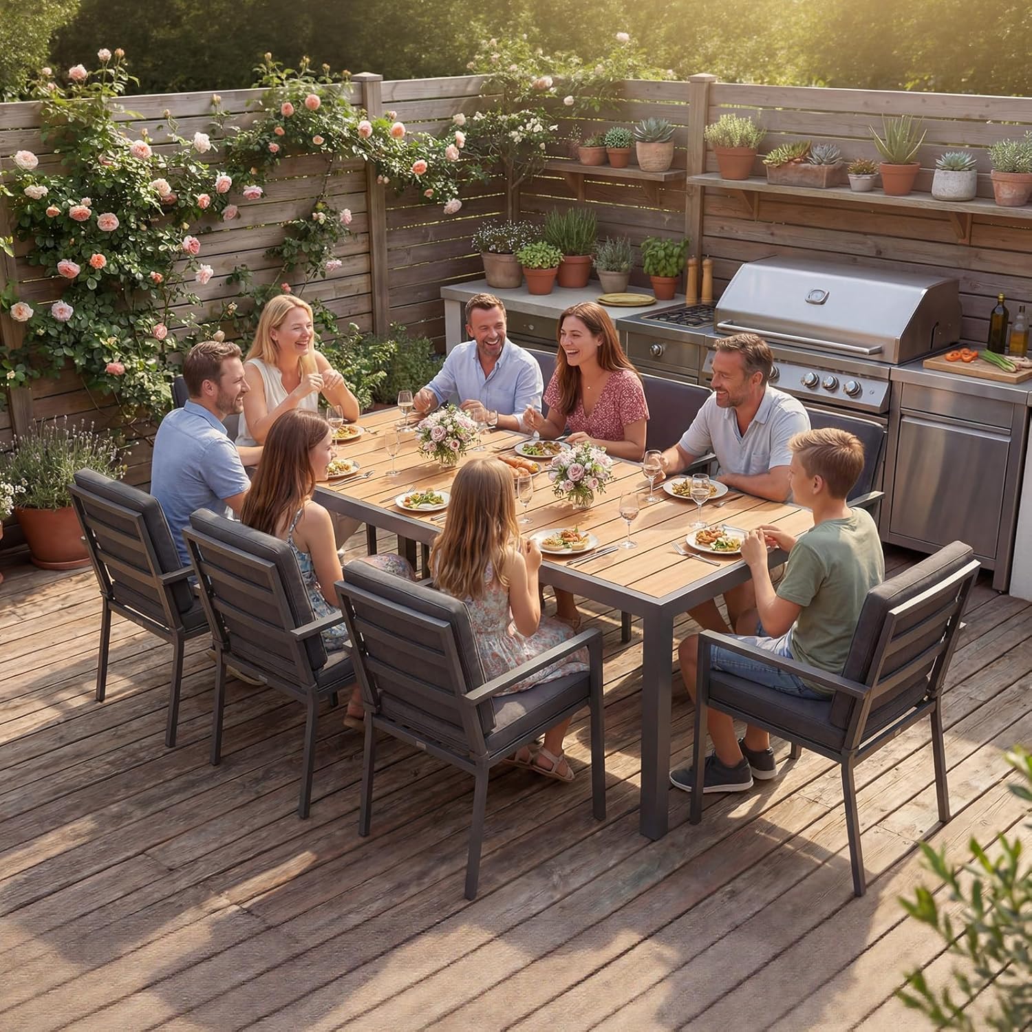 JUMMICO - Table jardin aluminium aspect bois 189x80cm, 6-8 pers, teck
