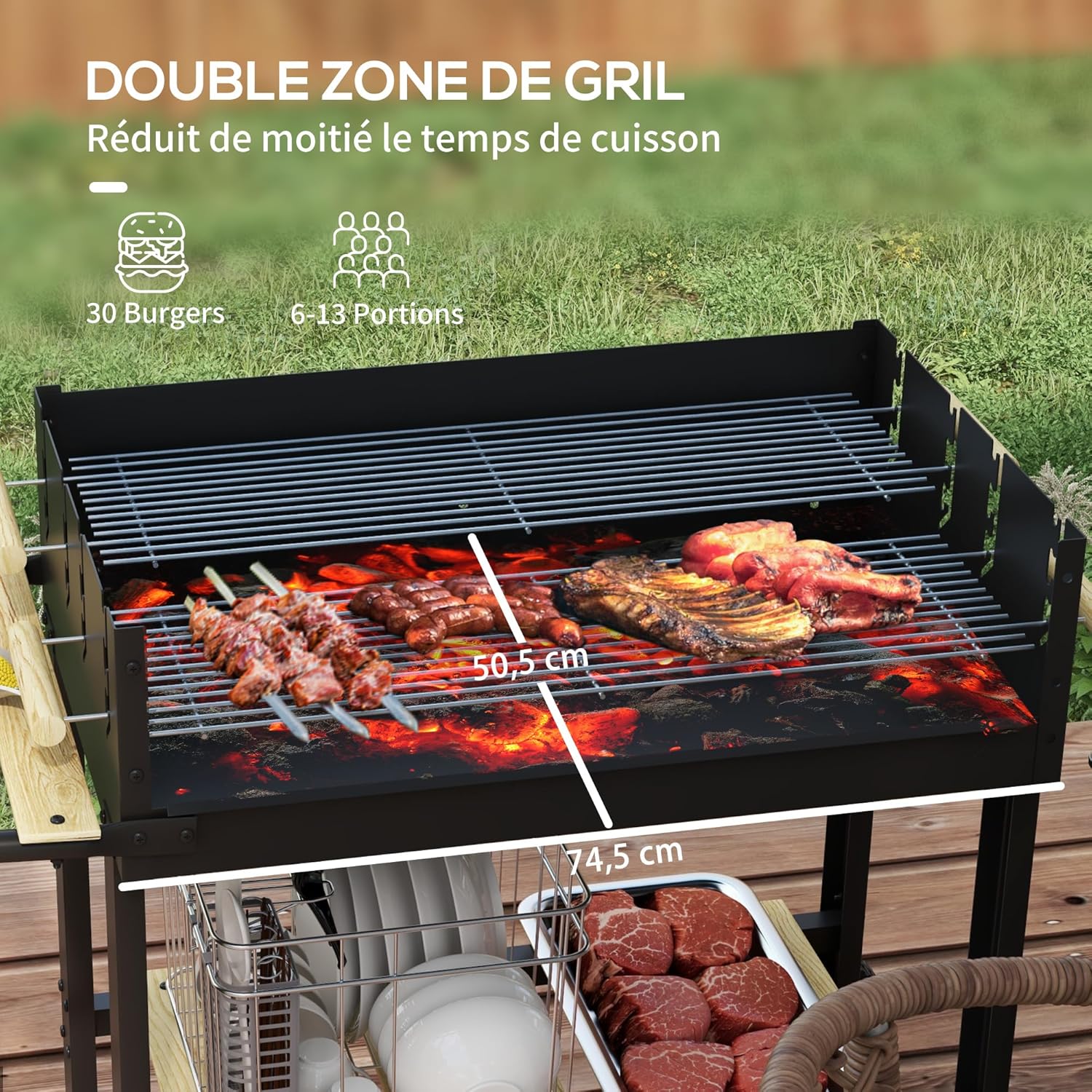 Outsunny - BBQ sur pied - 113x53,5x82,5 cm - double gril, roues, étagères