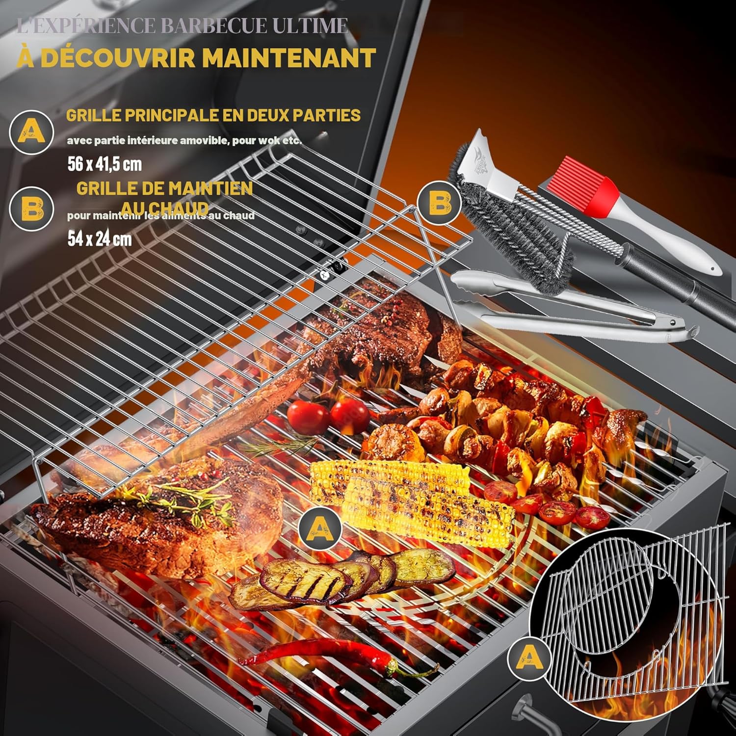 KESSER - Chariot XL barbecue à charbon avec couvercle, grille, roues, thermomètre, inox - Grill Chariot grand charbon