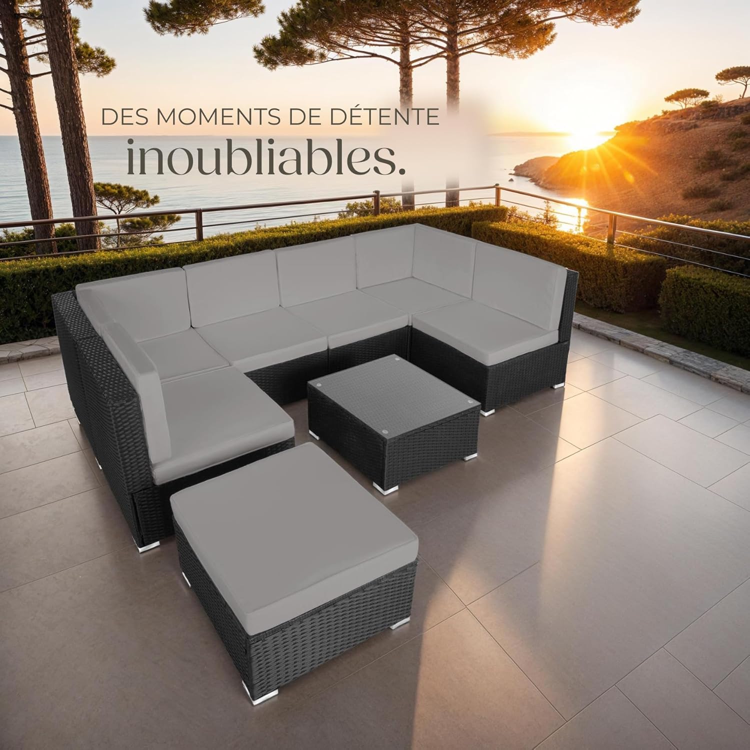 tectake - Salon de Jardin modulable 6 places, confort rotin, table + pouf, noir/gris
