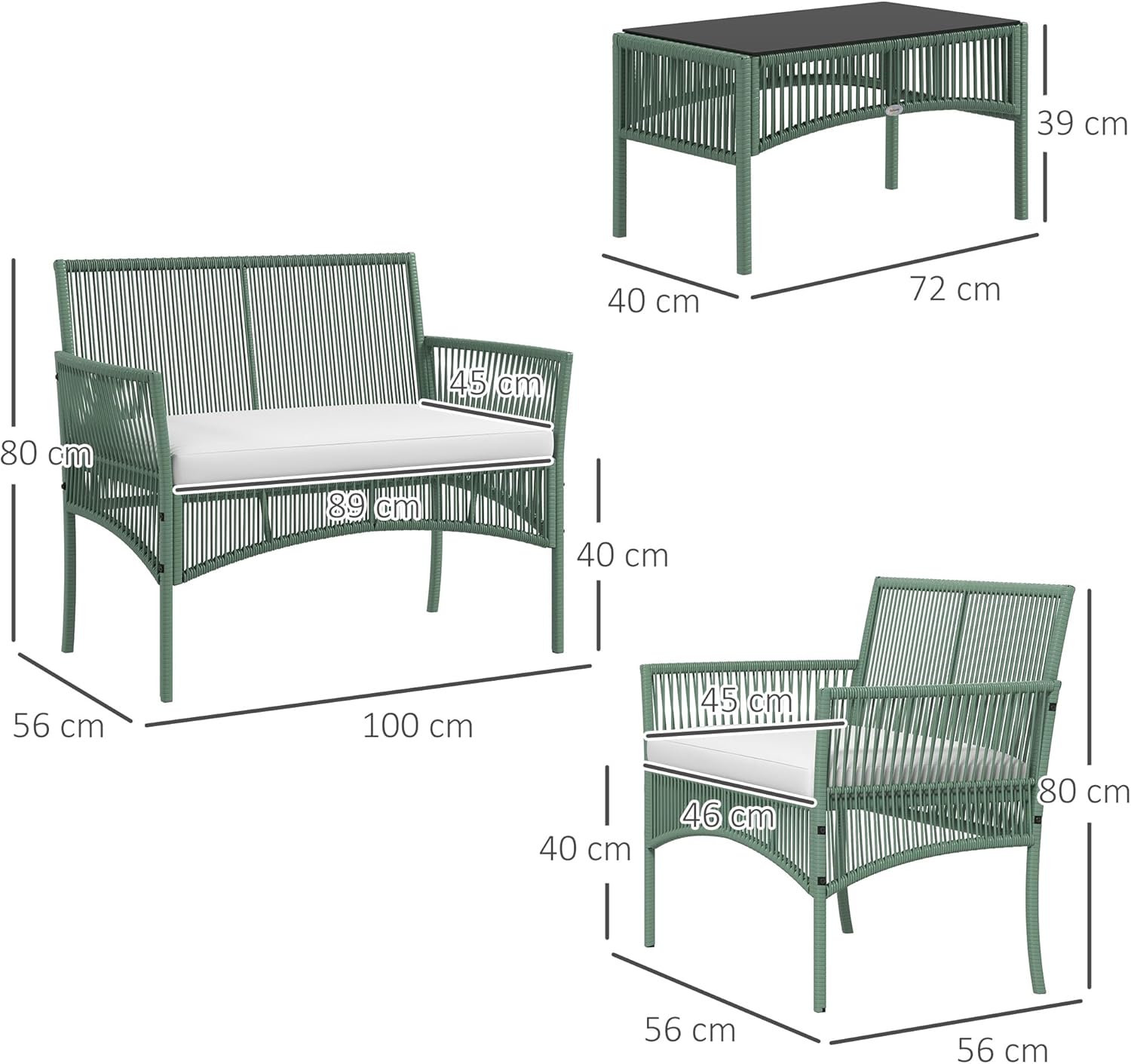Outsunny - salon de jardin extérieur 4 pcs - métal, résine, coussins, vert, table basse verre