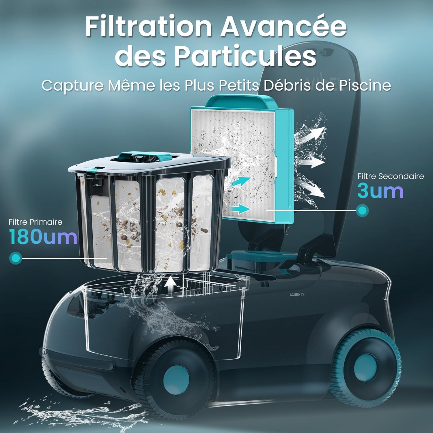 AIPER - Scuba E1 - robot piscine sans fil - filtration 3μm+180μm, tri-moteur, 130min, 100㎡