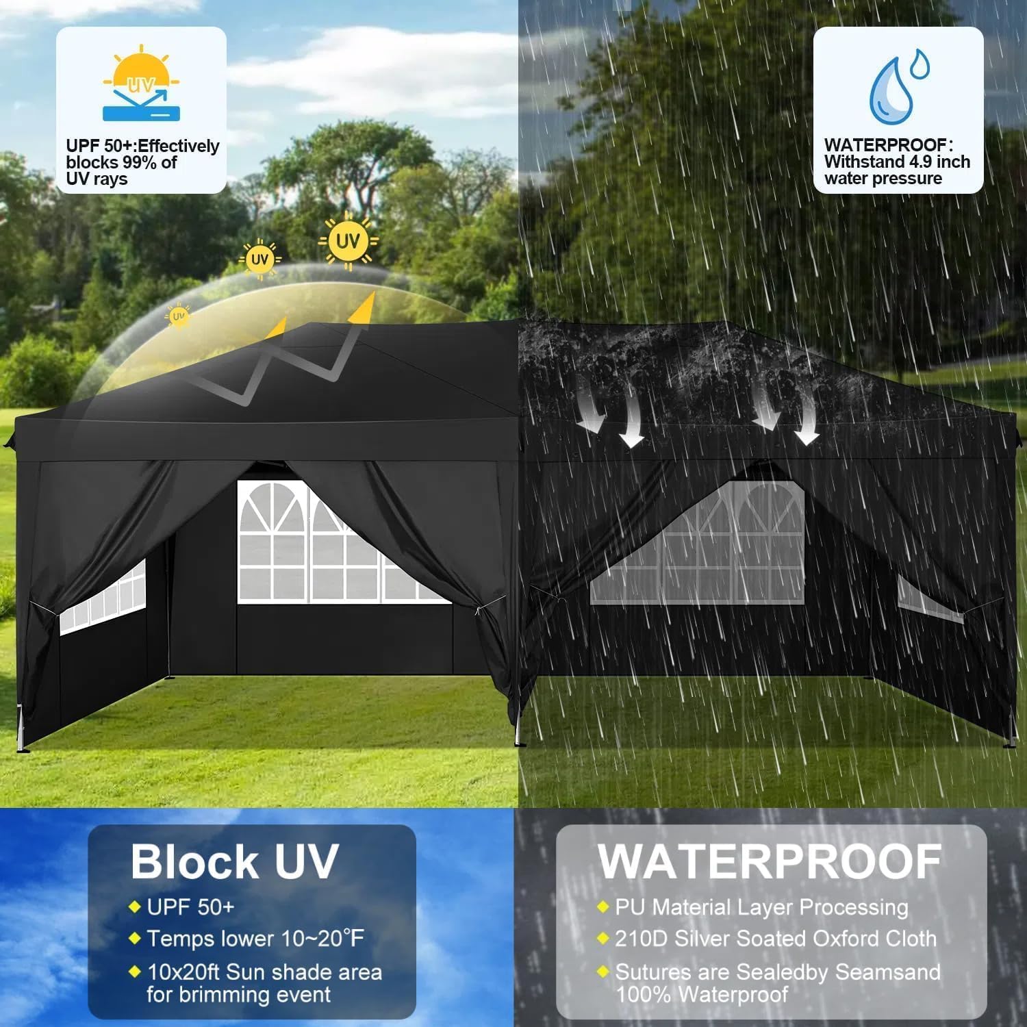 COBIZI - Tonnelle pliante 3x6m étanche, stable, anti-UV, 6 parois