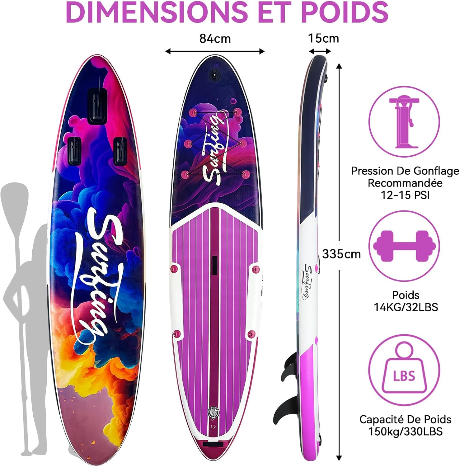 YU YUSING - Paddle gonflable 320/335 cm - 2 places, siège kayak, pagaie, pompe, 150 kg