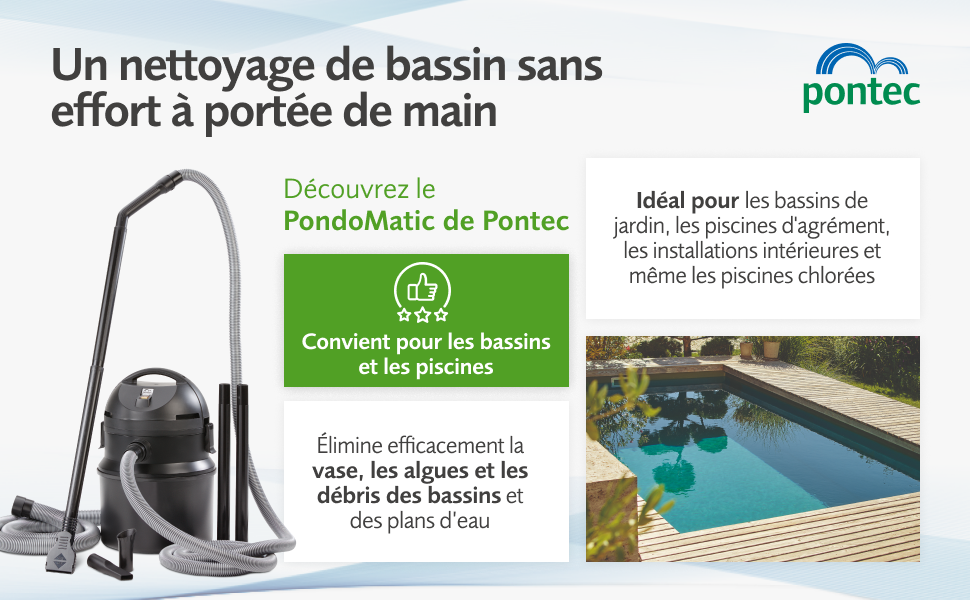 Le texte se lit comme suit : « Un nettoyage de bassin sans effort à portée de main » et « PondoMatic de Pentair ». Publicité présentant un aspirateur de bassin avec des informations sur le produit en français.