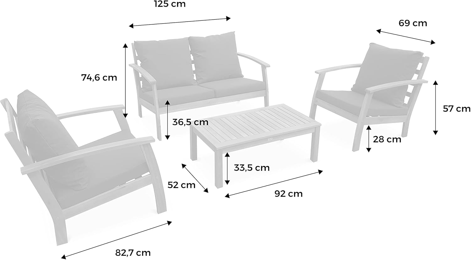 Alice's Garden - Ushuaïa - Salon de jardin bois 4 places, coussins verts, canapé, fauteuils, table basse