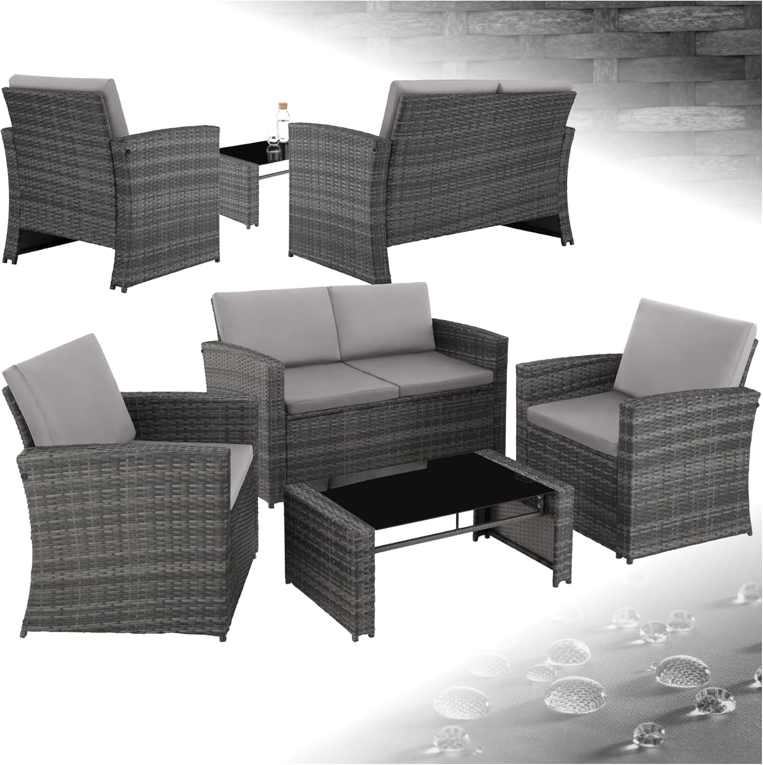 tectake - Salon de jardin 4 places, résine tressée, canapé, 2 fauteuils, table verre, coussins inclus, Gris/Gris Clair