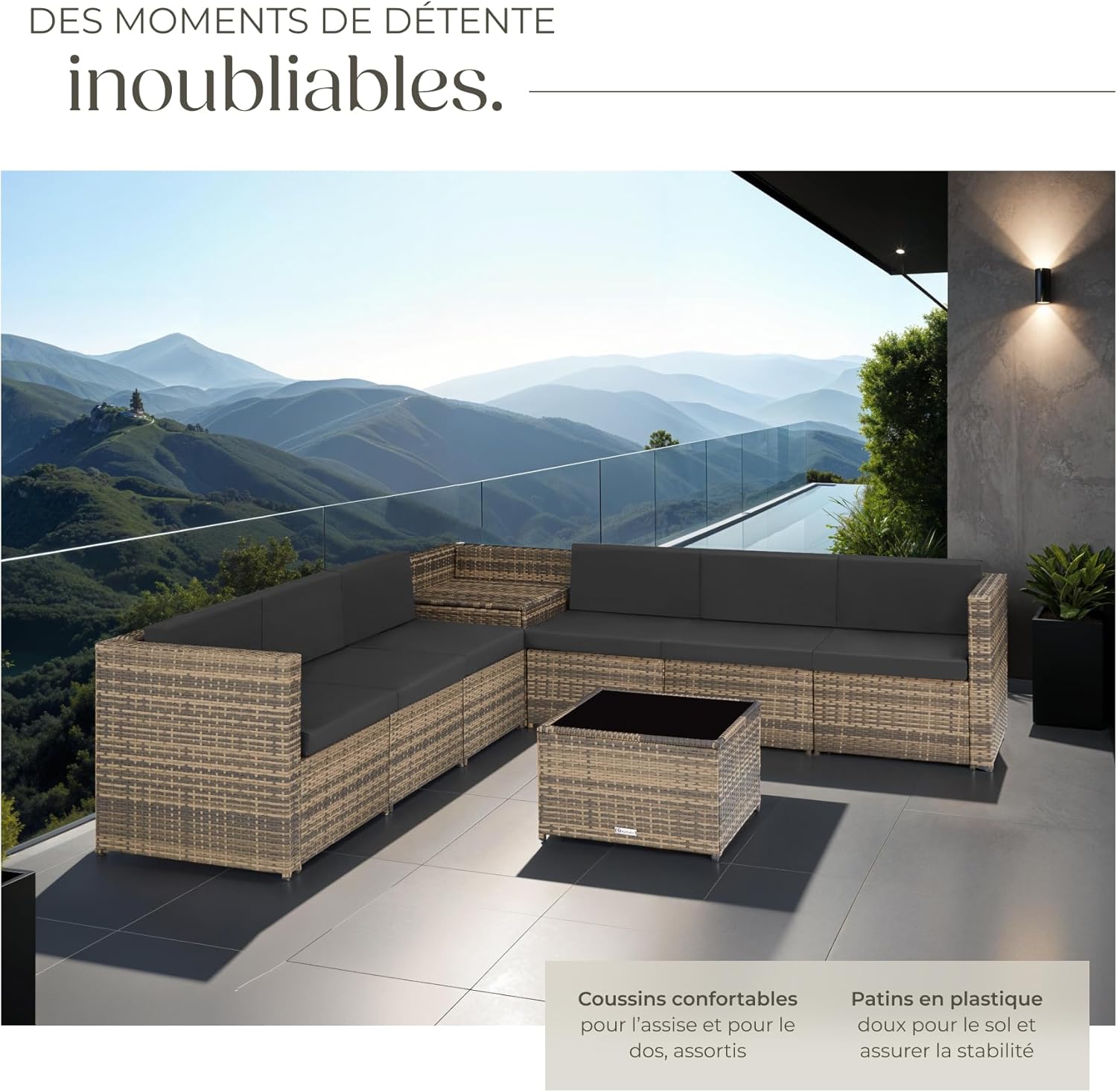 TecTake - salon de jardin modulable 6 places résine, coffre et table, brun - 200x130cm
