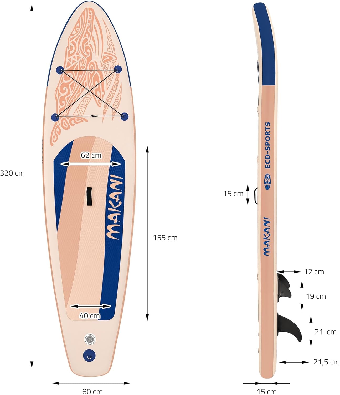 ECD Germany Stand Up Surf Paddle Board Gonflable 305/308/320/380 cm | PVC | jusqu'à 120/150 kg | Épaisseur 10/15 cm | Planche de Surf Pagaie Sac de Transport Pompe à Air | Diverses Couleurs Modèles