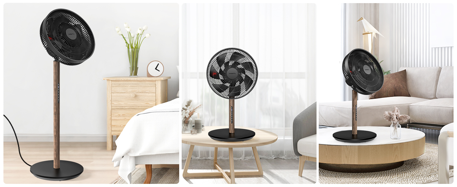 Trois ventilateurs sur socle noirs avec évents circulaires présentés dans différents décors de pièces : chambre à coucher, salon et appartement moderne sur des murs blancs.