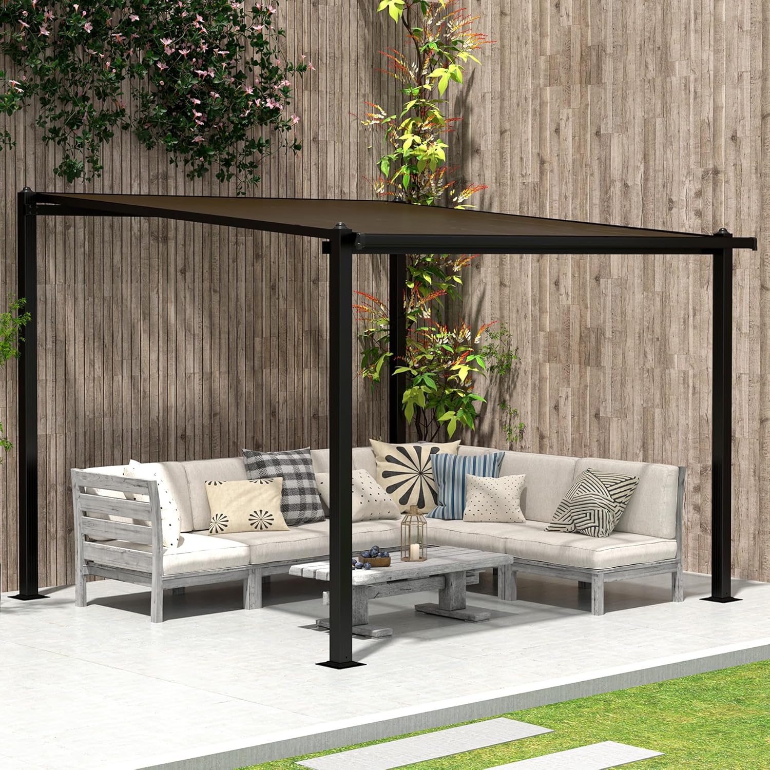 Outsunny - Pergola adossée aluminium - 3x3m - toit polycarbonate, drainage, UPF30+, gris