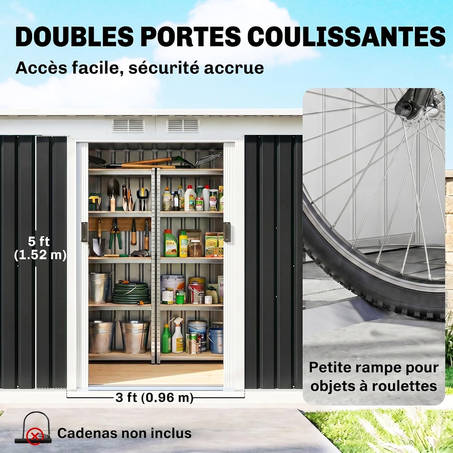 Outsunny - abri de jardin acier galvanisé 3,6m² - portes coulissantes, fondation, ventilé, 280x130x172cm