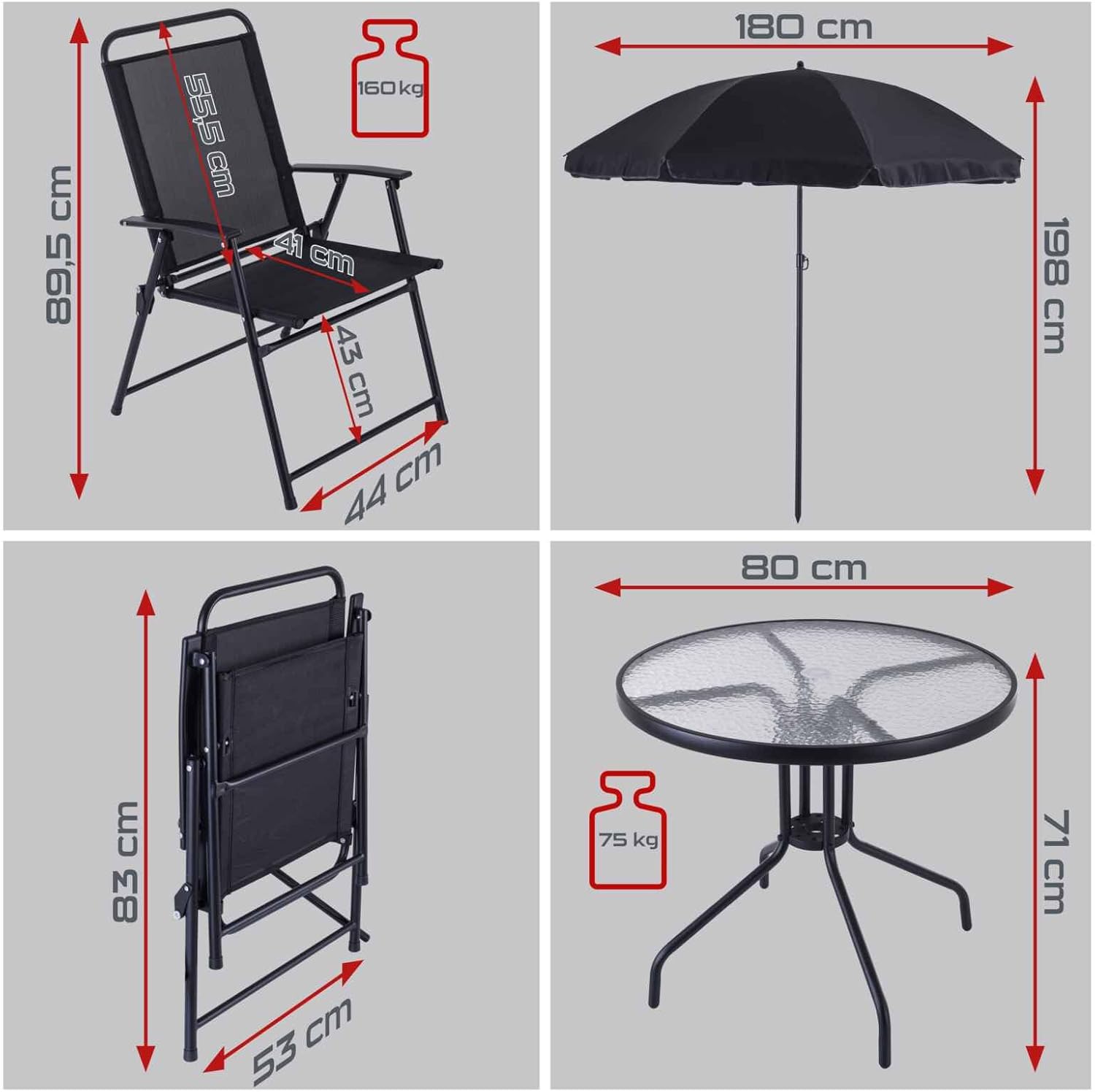 Practixx - Salon de Jardin Balcon série PX-BS-1 - 4 places, table, 4 chaises, parasol, résistant UV/intempéries, PX-BS-1