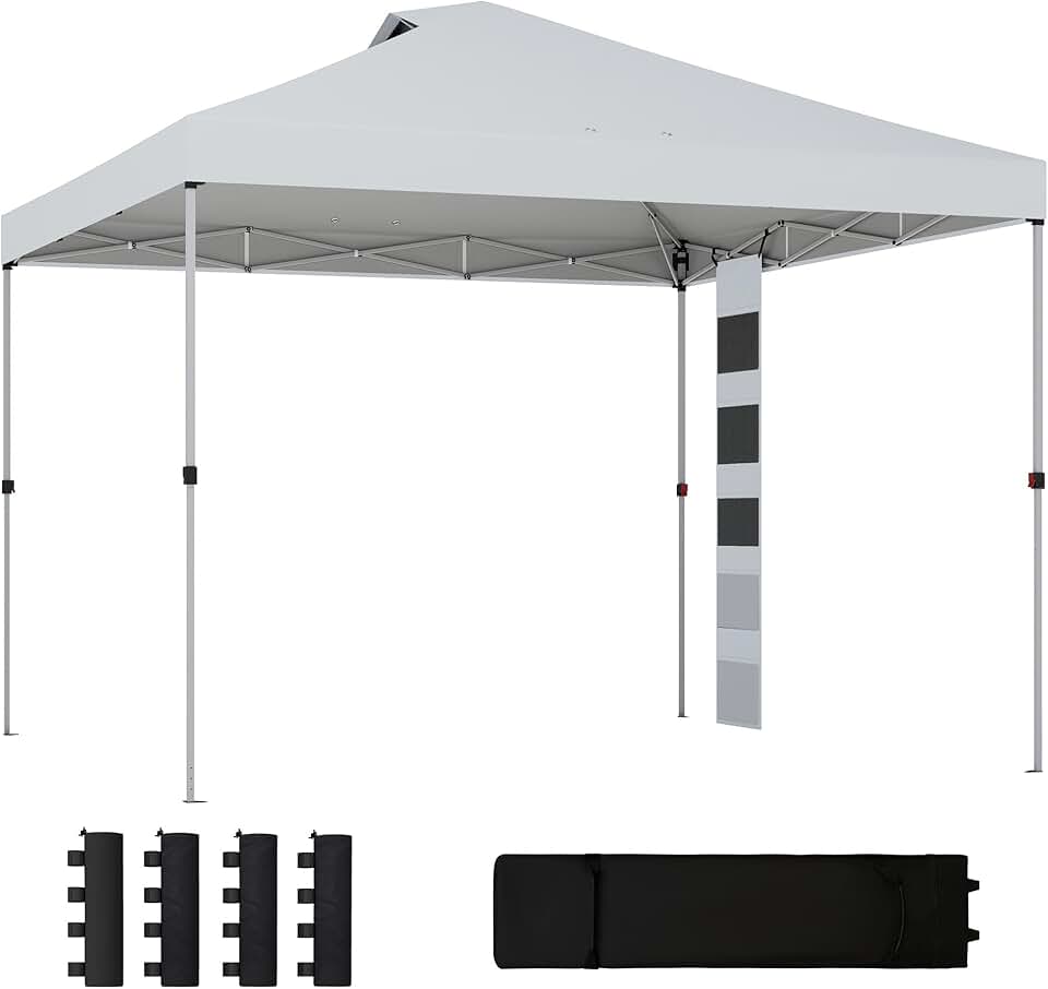 Outsunny Tonnelle de Jardin 3 x 3 m Pop up Tente Pliante Hauteur réglable Protection UV50+ tonnelle Pliante avec 5 Poches 4 Sacs de Sable Sac de Transport à roulettes Montage Facile à 1 Bouton Blanc